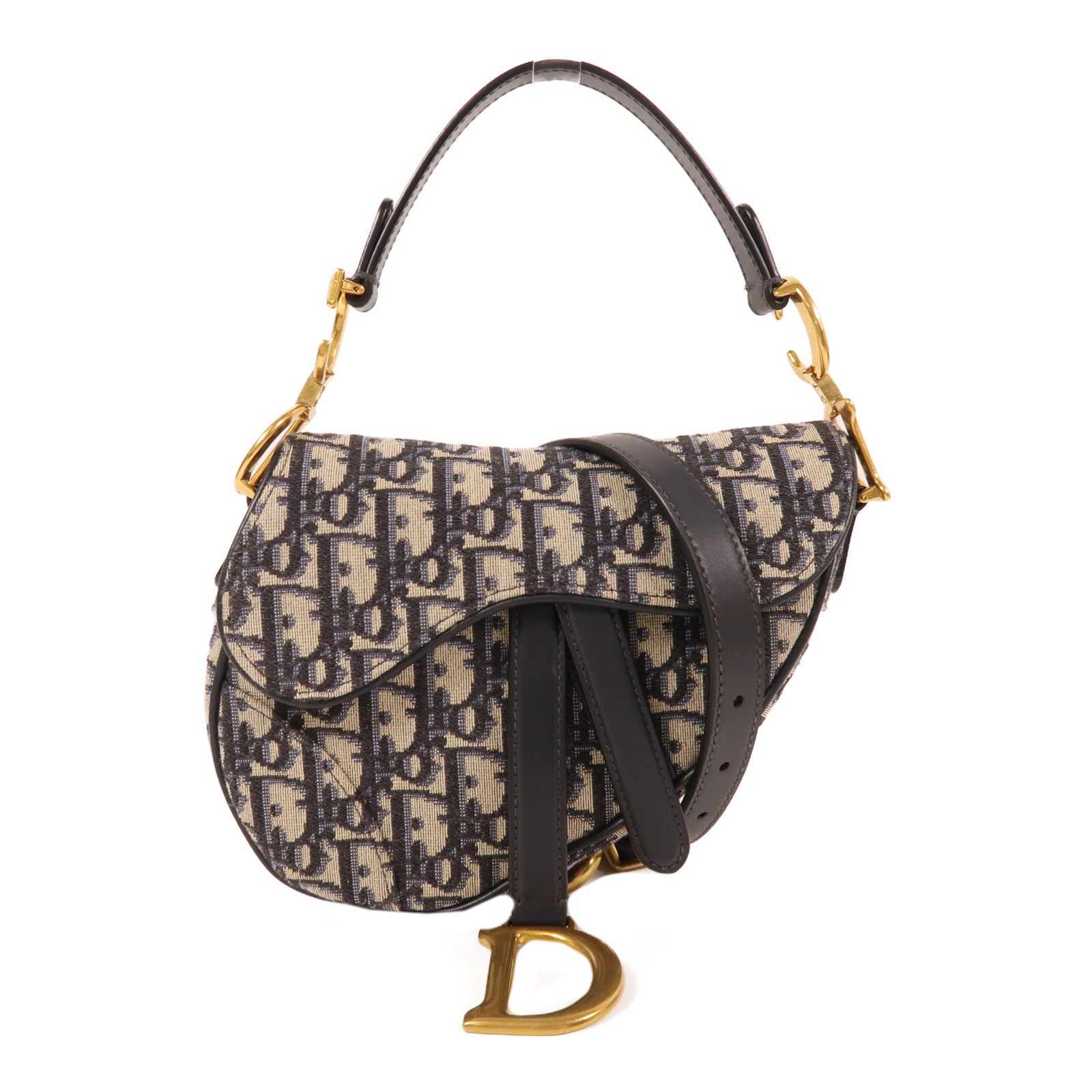 Dior 帆布Mini Saddle Bag金扣手挽肩背兩用袋米色/深藍色