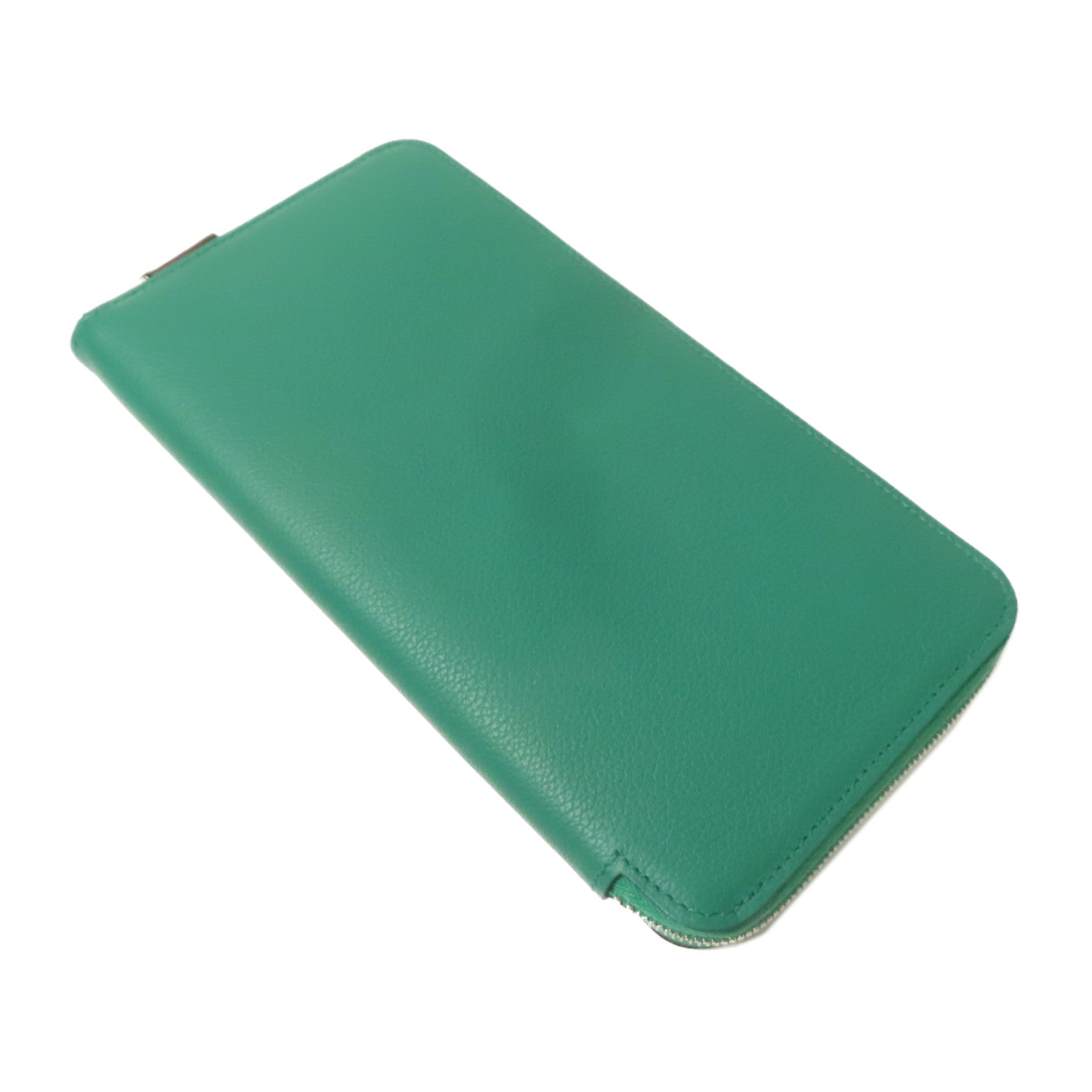 HERMES Evercolor皮革Silk-in Wallet銀扣長錢包絲絨綠色
