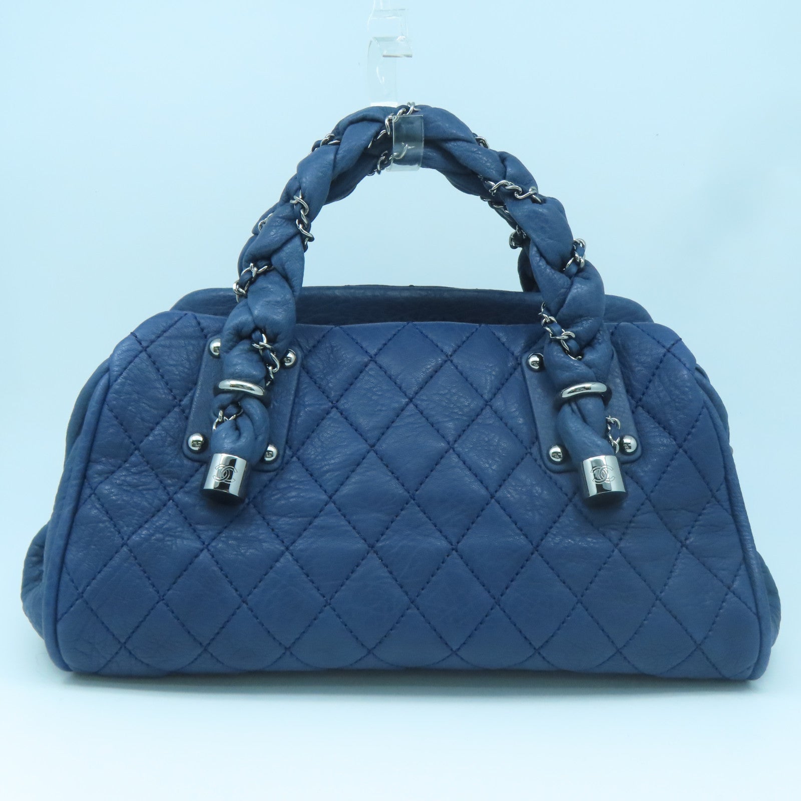 CHANEL rhombic cowhide leather Handbag silver buckle handle bag blue
