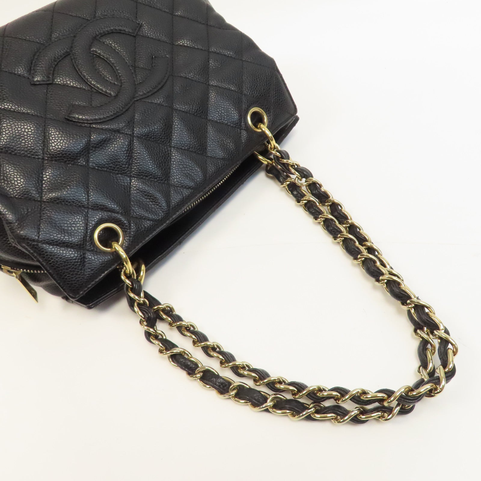CHANEL 【激減優惠】菱格Caviar皮革Petite Timeless Tote金扣鏈帶手挽袋黑色