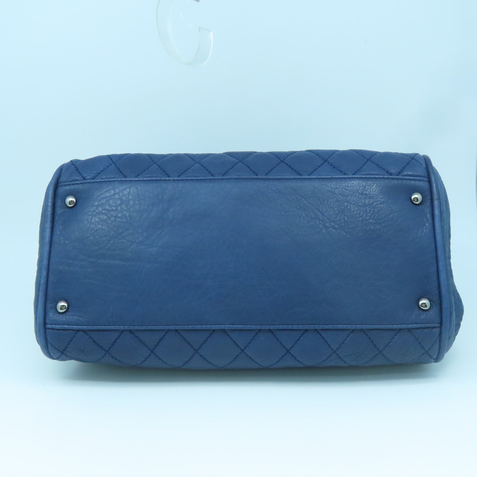 CHANEL rhombic cowhide leather Handbag silver buckle handle bag blue