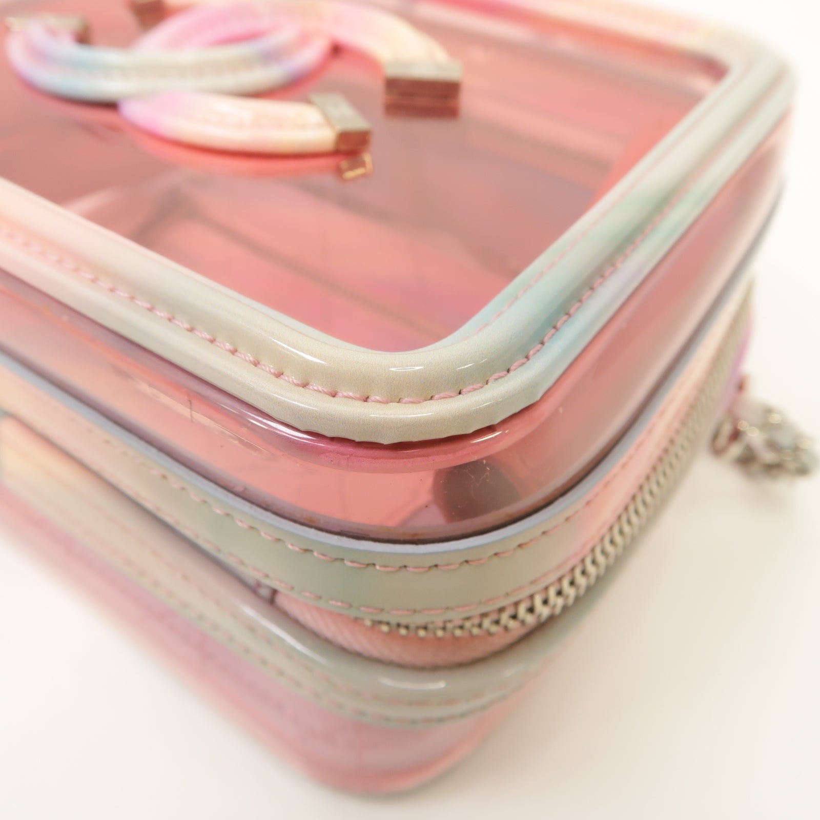 CHANEL PVC Vanity Case銀扣手挽肩背兩用袋粉紅色/綠色