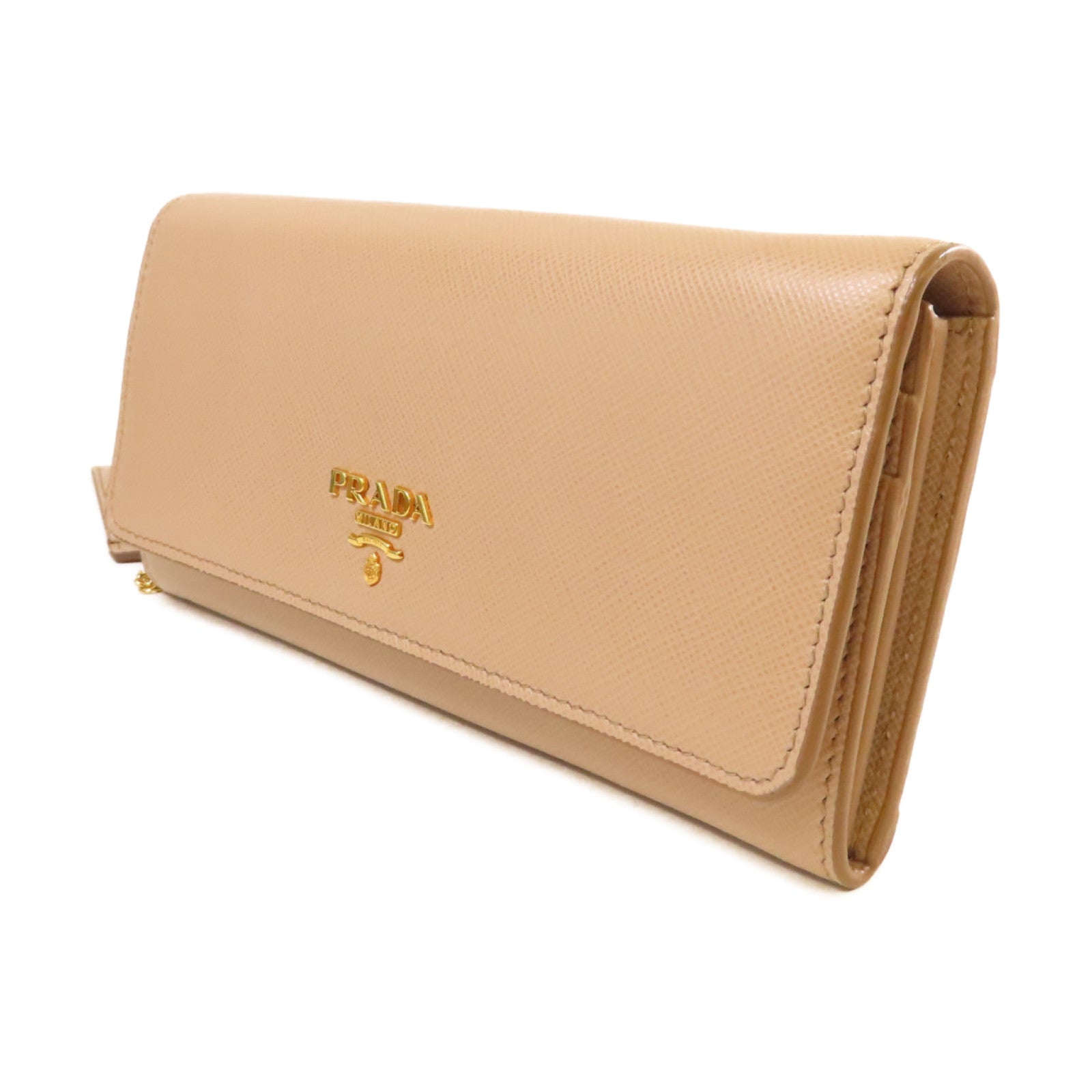 PRADA Saffiano皮革Long Wallet金扣長錢包杏色