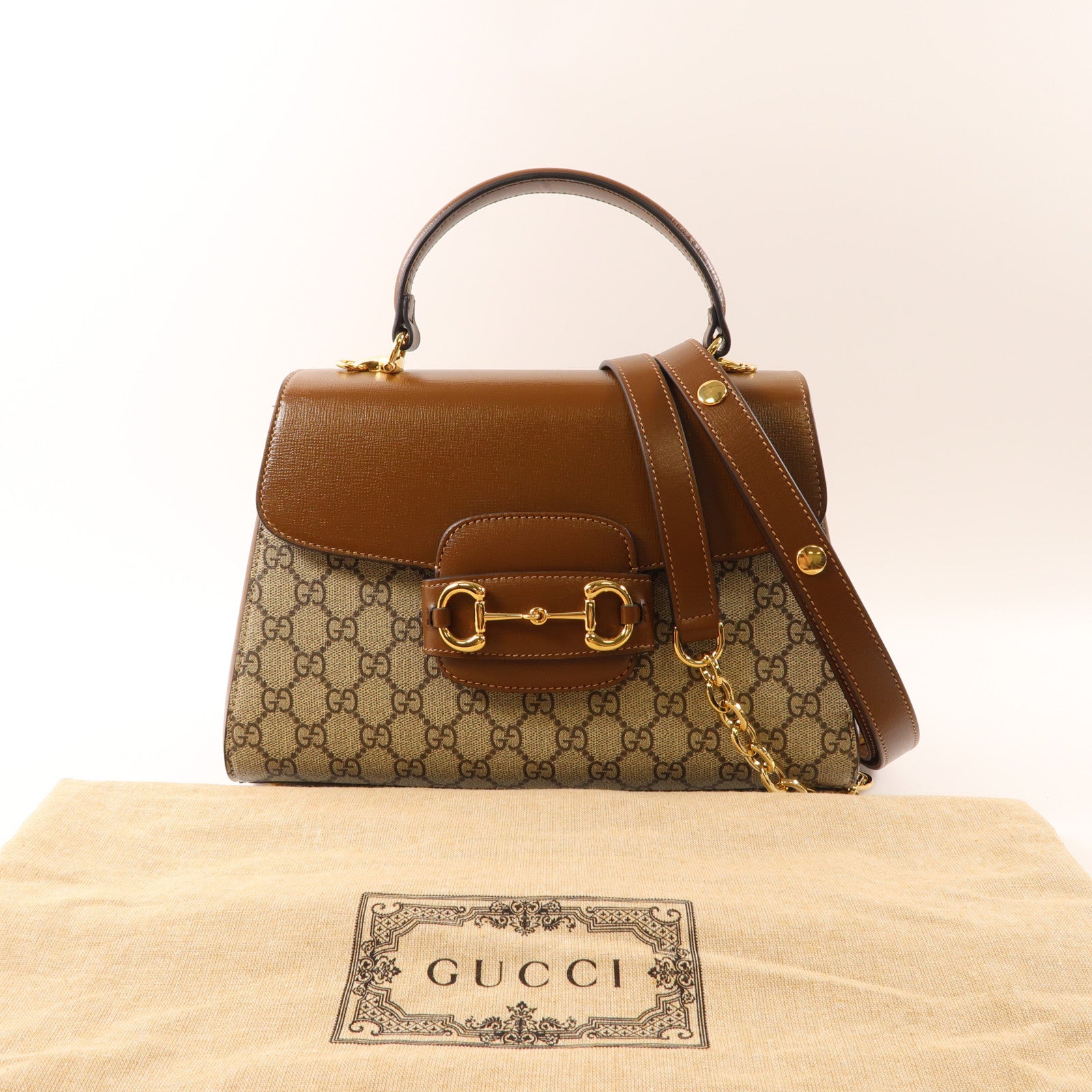GUCCI 塗層帆布Horsebit 1955金扣手挽肩背兩用袋啡色
