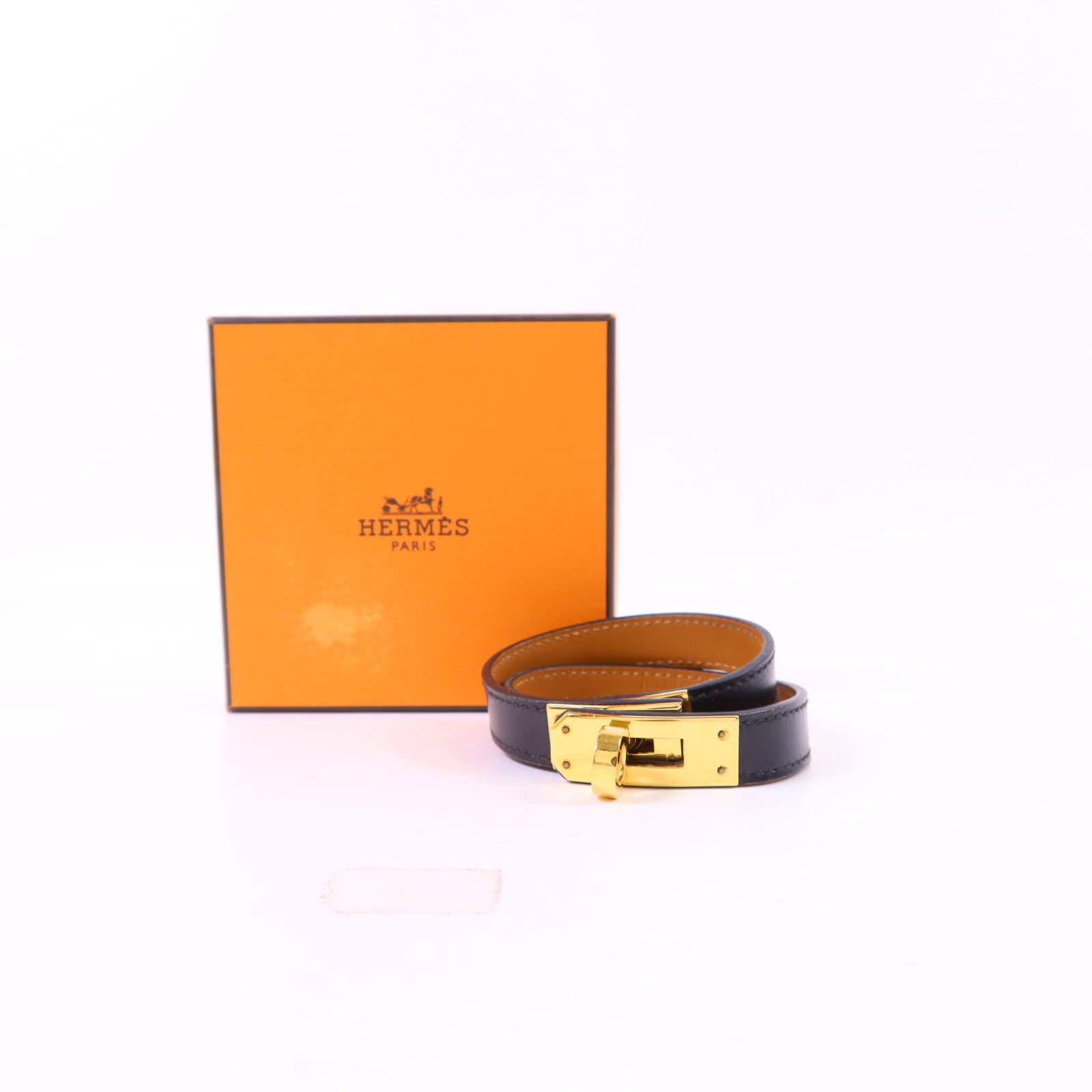 HERMES 【激減優惠】皮革Kelly Double Tour Bracelet金扣手鐲Noir