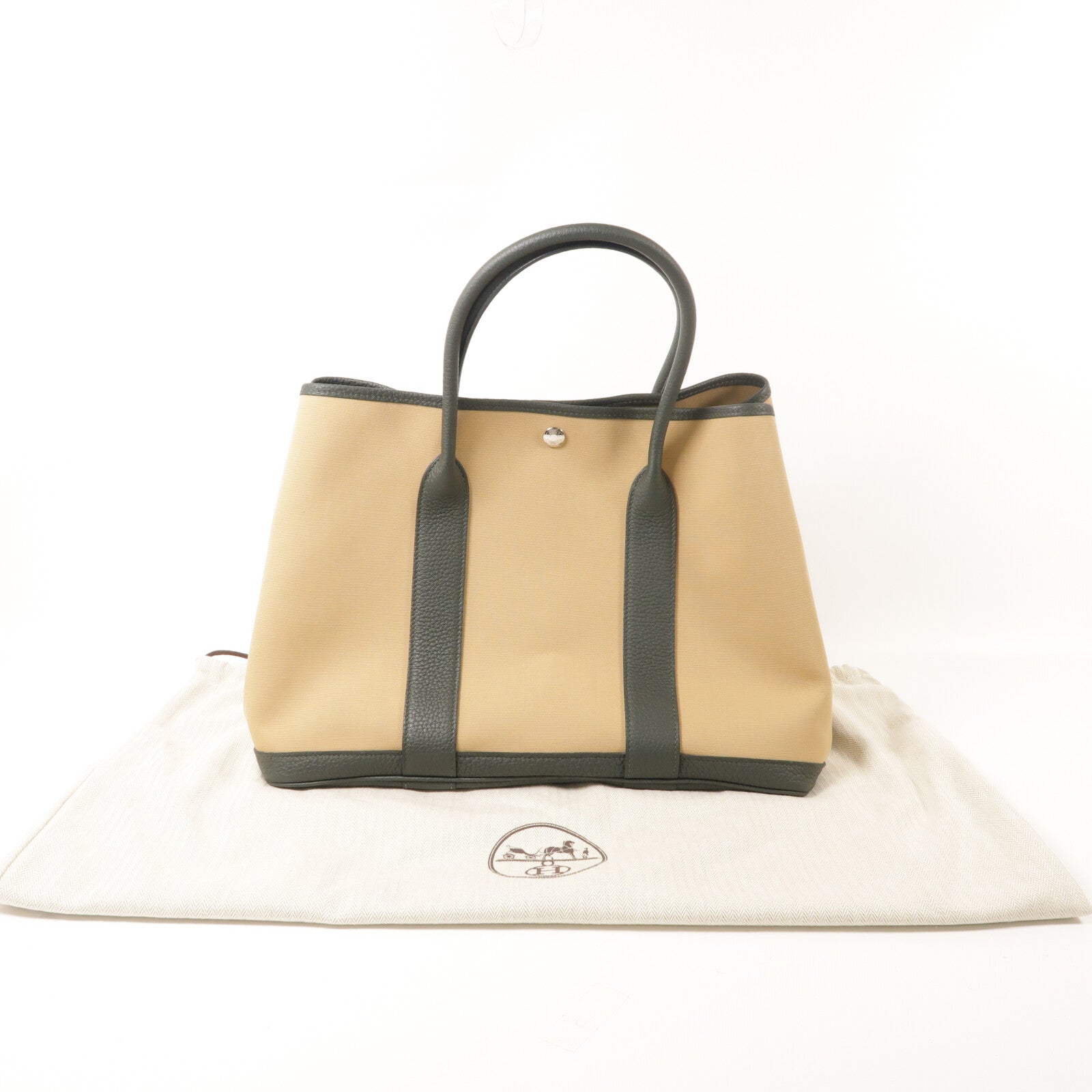HERMES 帆布GardenParty PM銀扣手挽袋Vert Amande/Trench