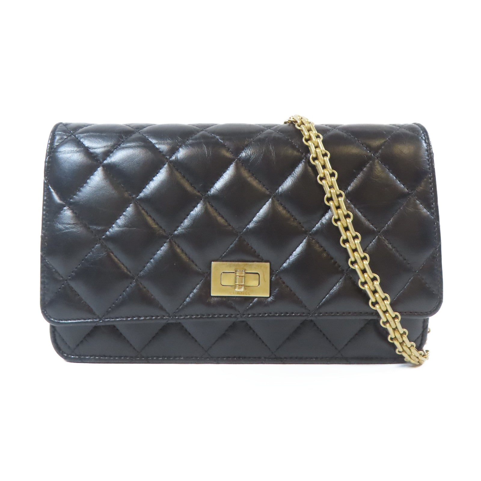 CHANEL 【激減優惠】菱格羊皮皮革2.55 Wallet On Chain金扣鏈帶肩背袋黑色