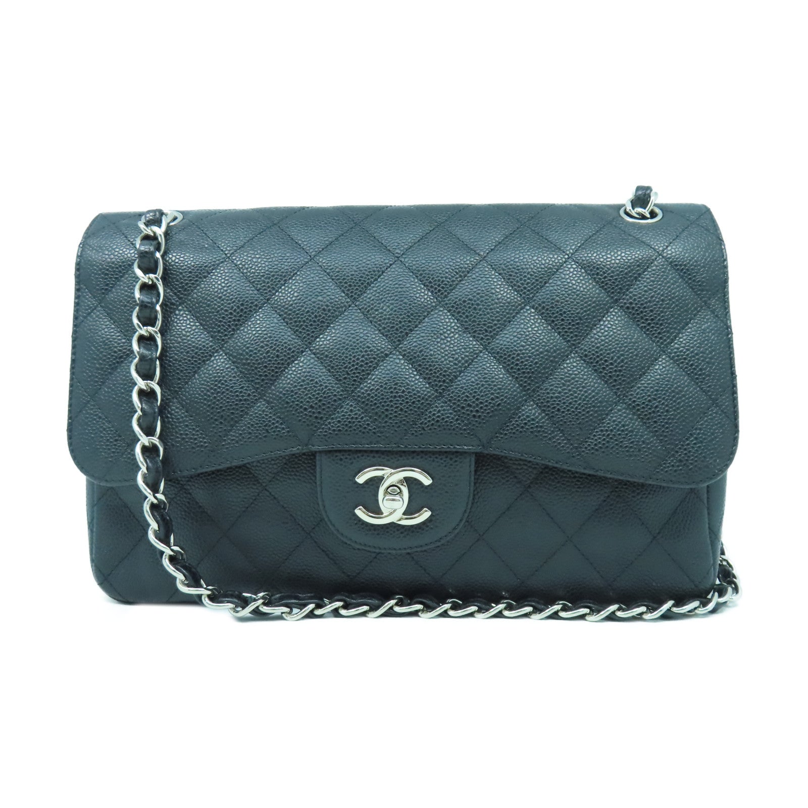 CHANEL 【激減優惠】菱格Caviar皮革Classic銀扣鏈帶肩背袋黑色