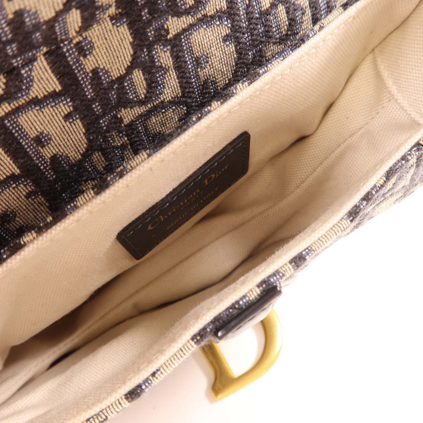 Dior 帆布Mini Saddle Bag金扣手挽肩背兩用袋米色/深藍色