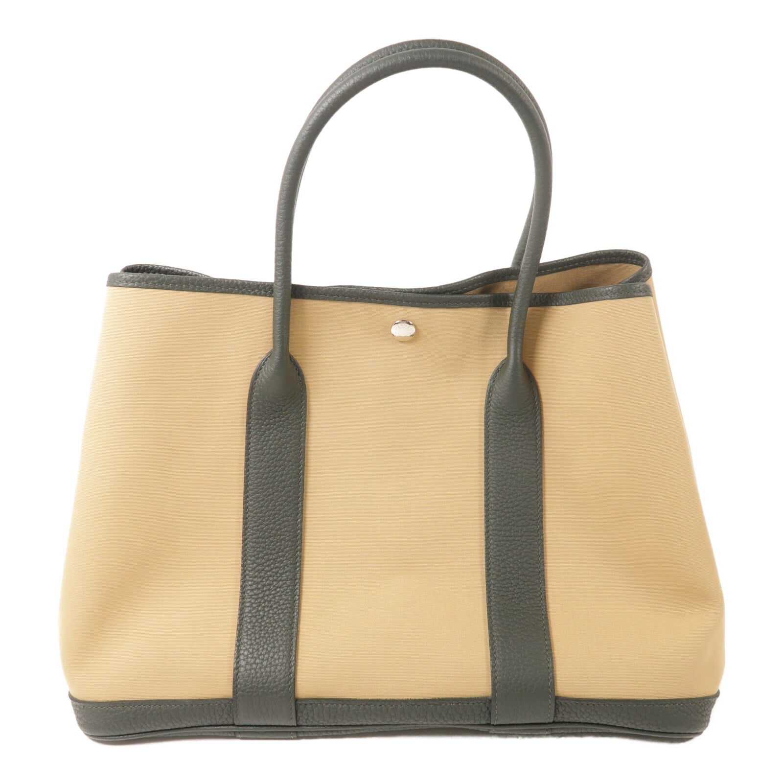 HERMES 帆布GardenParty PM銀扣手挽袋Vert Amande/Trench