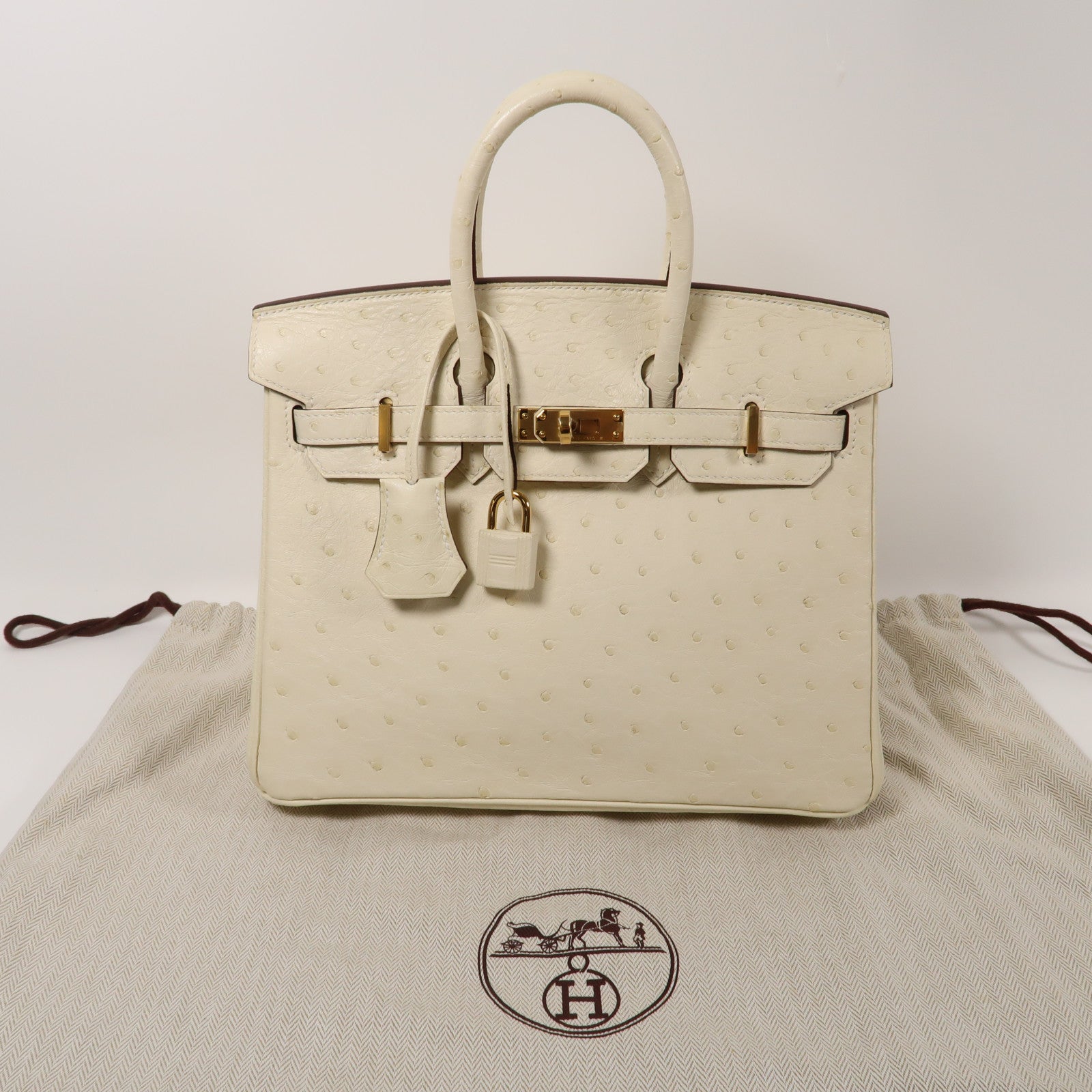 HERMES 【激減優惠】鴕鳥皮革Birkin 25金扣手挽袋奶油白色