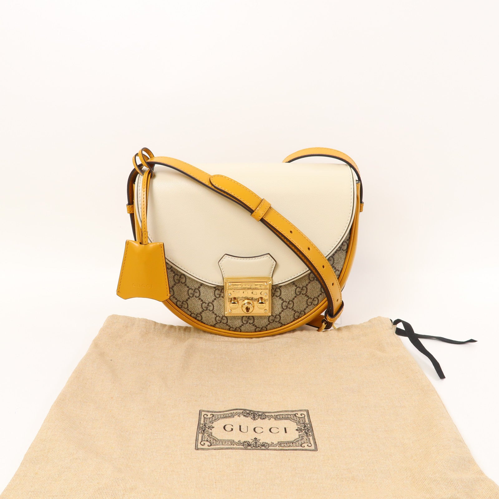 GUCCI 塗層帆布/皮革Shoulder Bag金扣肩背袋白色/啡色/黃色