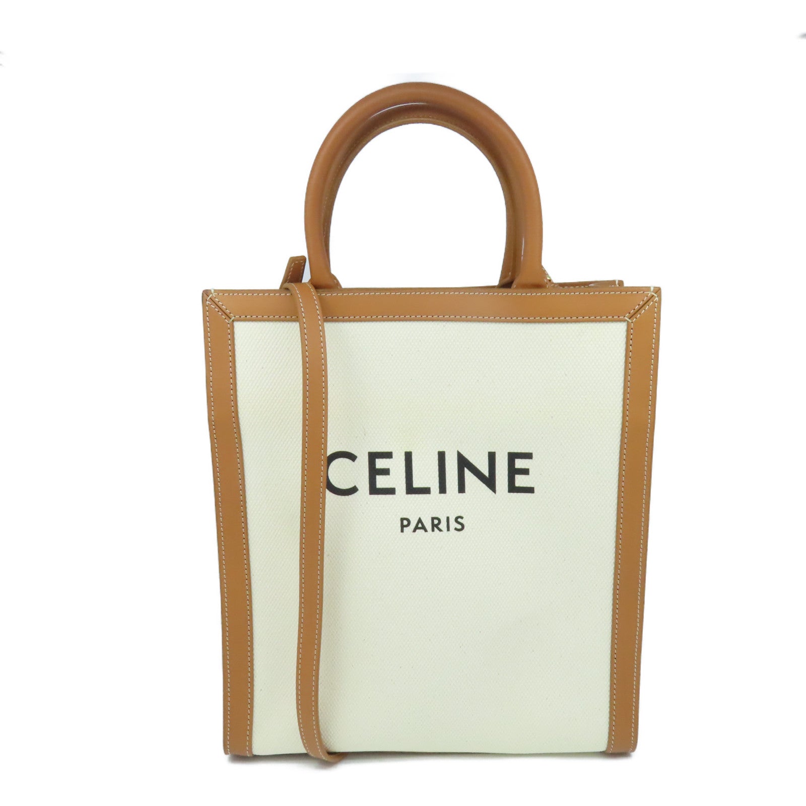 CELINE 【激減優惠】牛皮皮革/帆布2Way Shoulder Bag手挽肩背兩用袋米白色/啡色