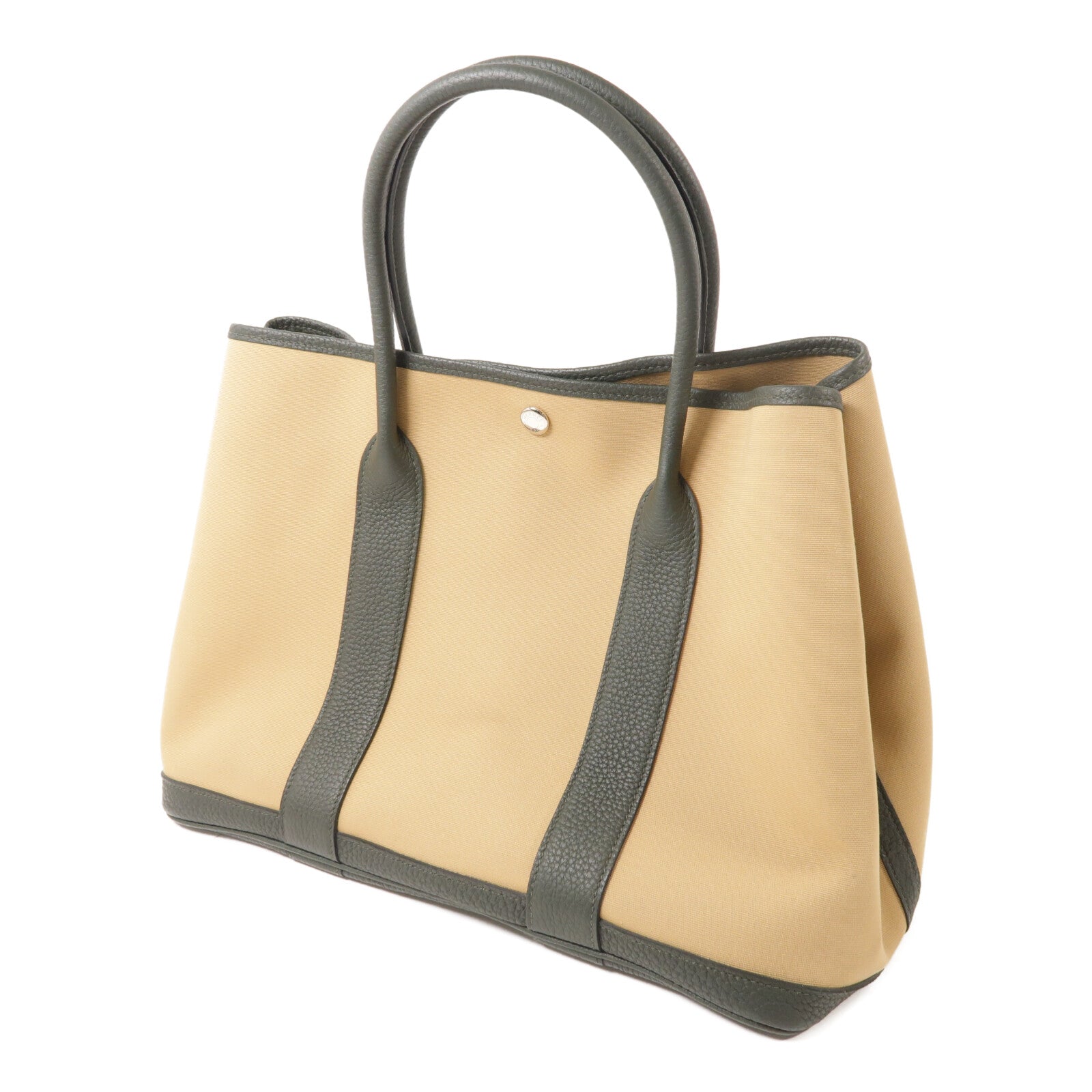 HERMES 帆布GardenParty PM銀扣手挽袋Vert Amande/Trench