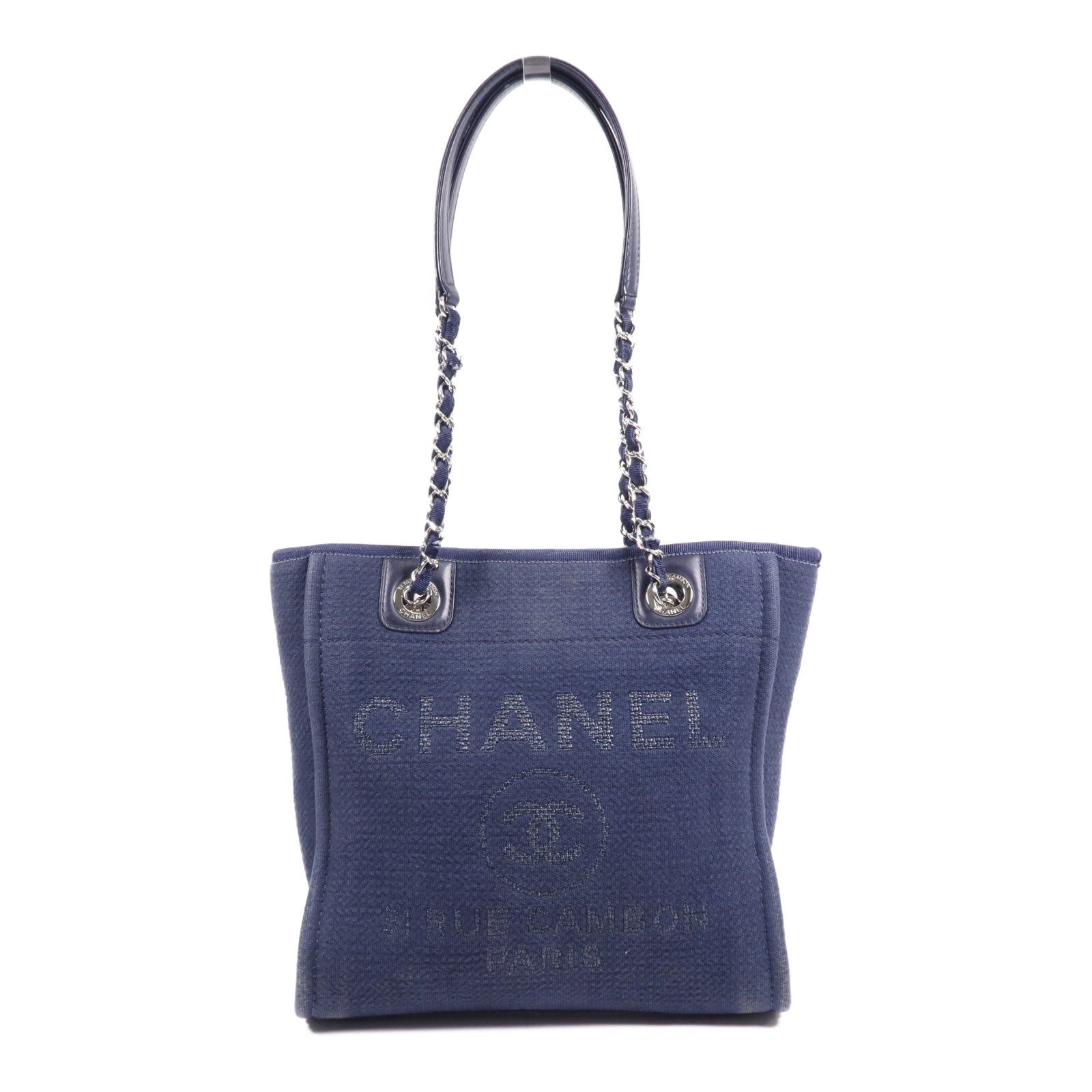 CHANEL 帆布Deauville銀扣鏈帶肩背袋