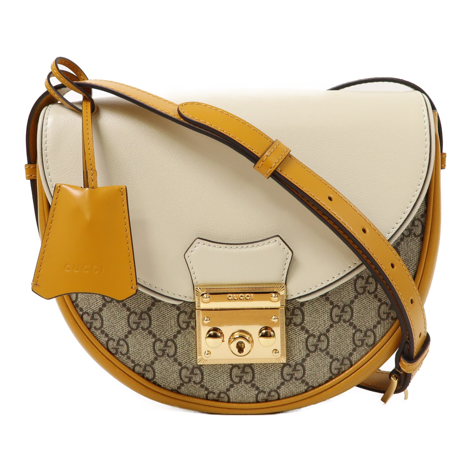 GUCCI 塗層帆布/皮革Shoulder Bag金扣肩背袋白色/啡色/黃色