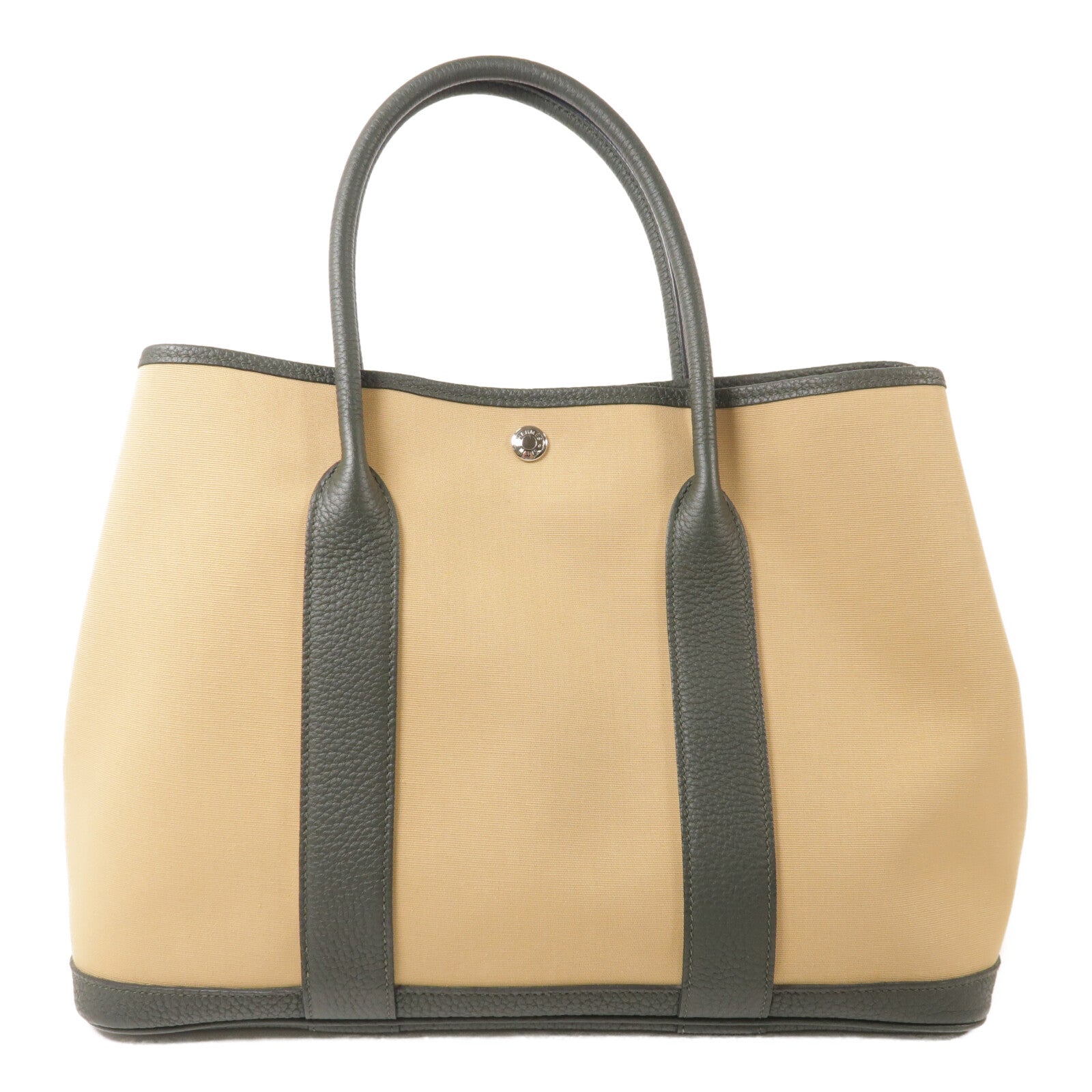 HERMES 帆布GardenParty PM銀扣手挽袋Vert Amande/Trench