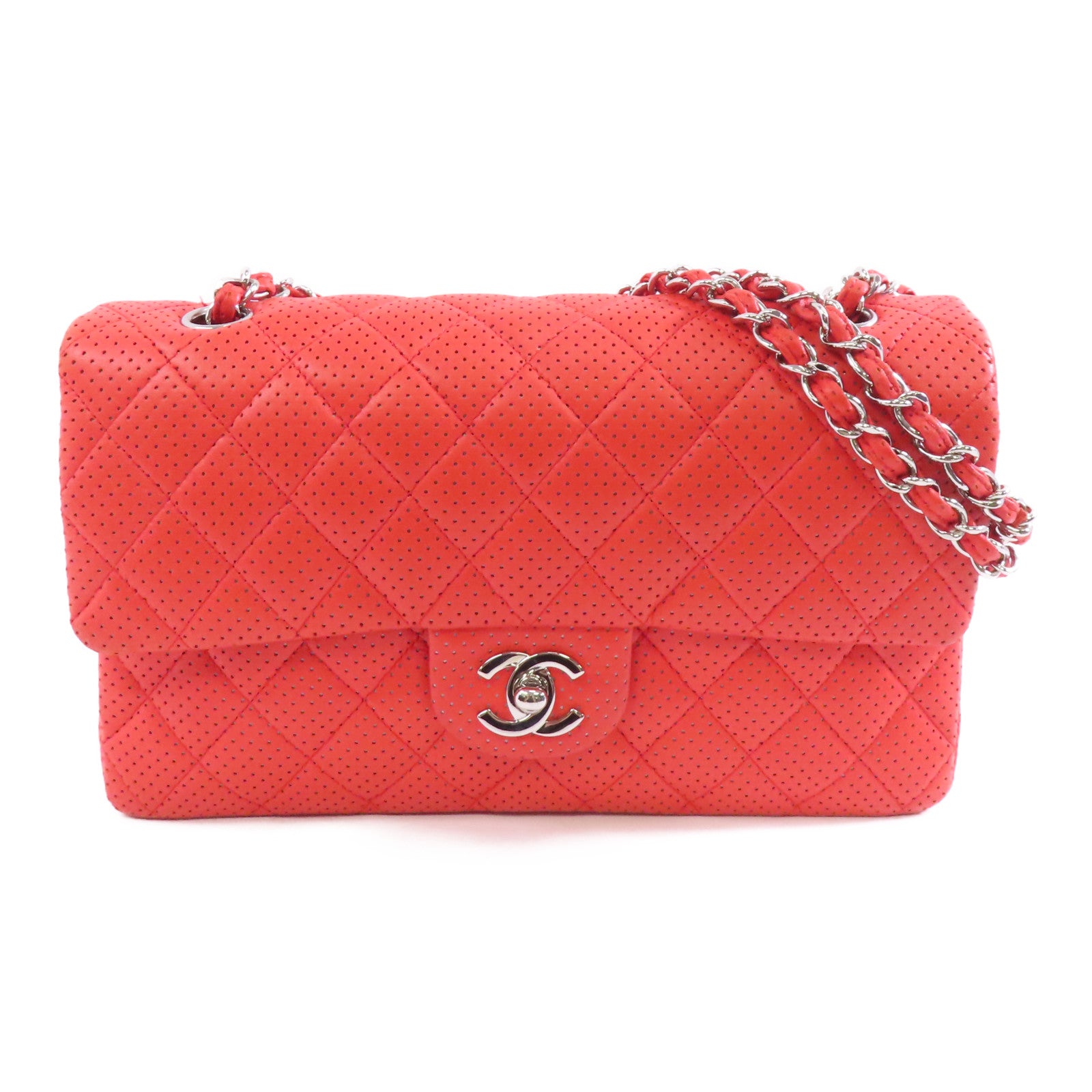 CHANEL 【激減優惠】菱格牛皮皮革Chain Shoulder銀扣鏈帶肩背袋紅色