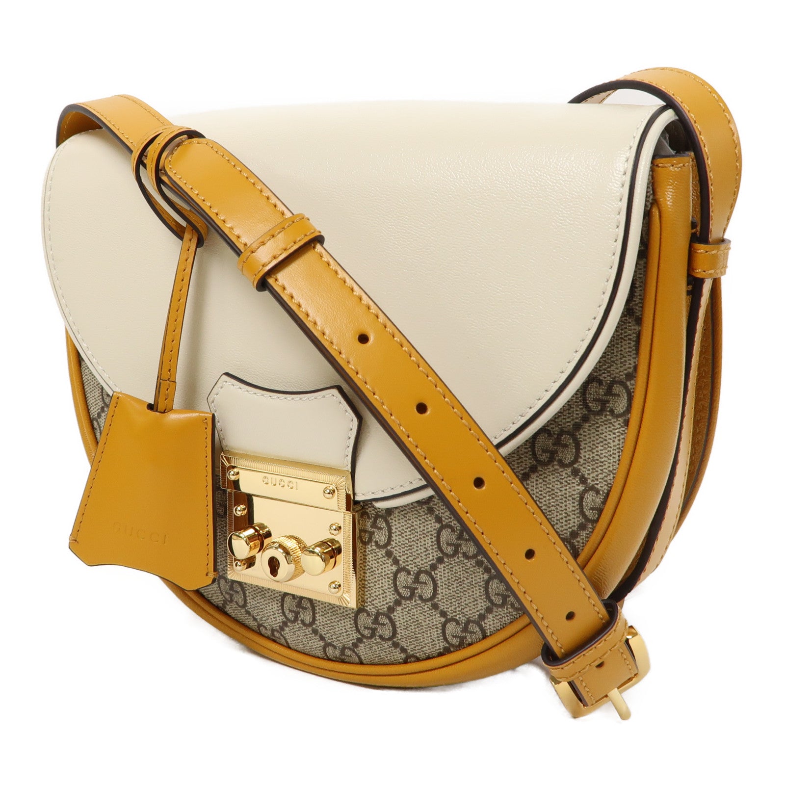 GUCCI 塗層帆布/皮革Shoulder Bag金扣肩背袋白色/啡色/黃色