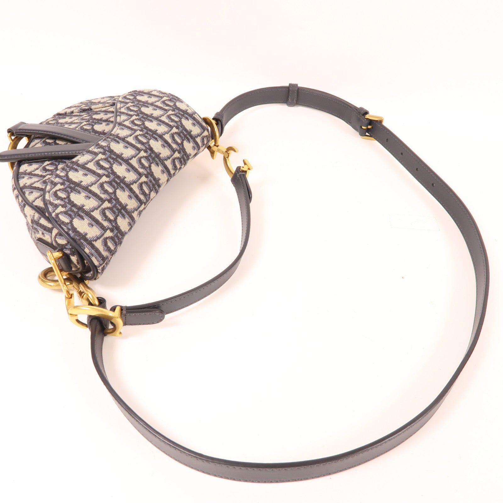 Dior 帆布Mini Saddle Bag金扣手挽肩背兩用袋米色/深藍色