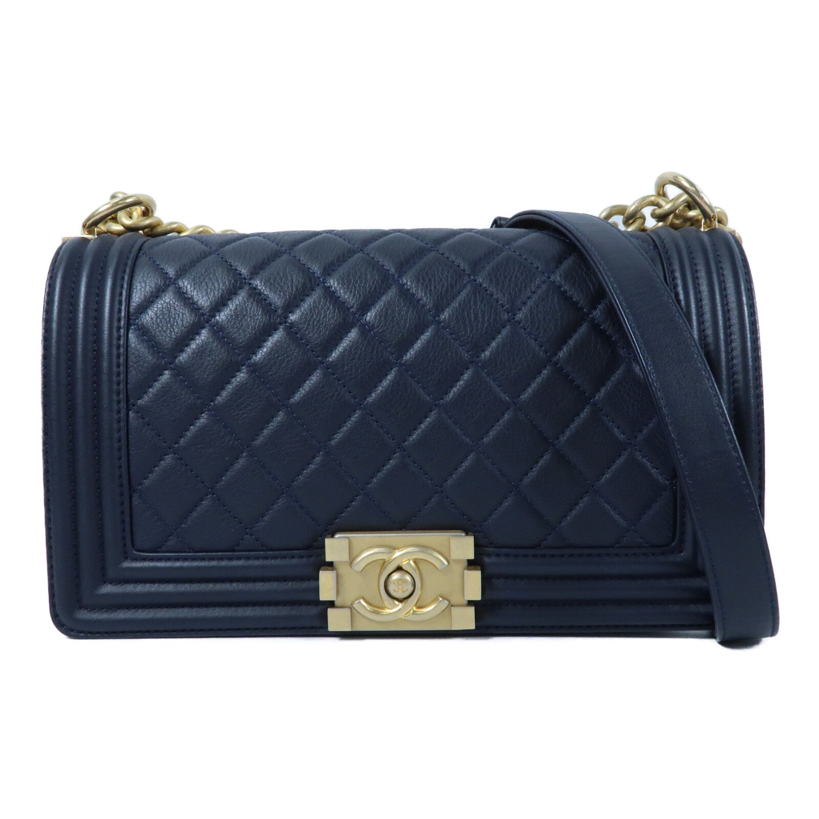 CHANEL 羊皮皮革Boy 25金扣鏈帶肩背袋