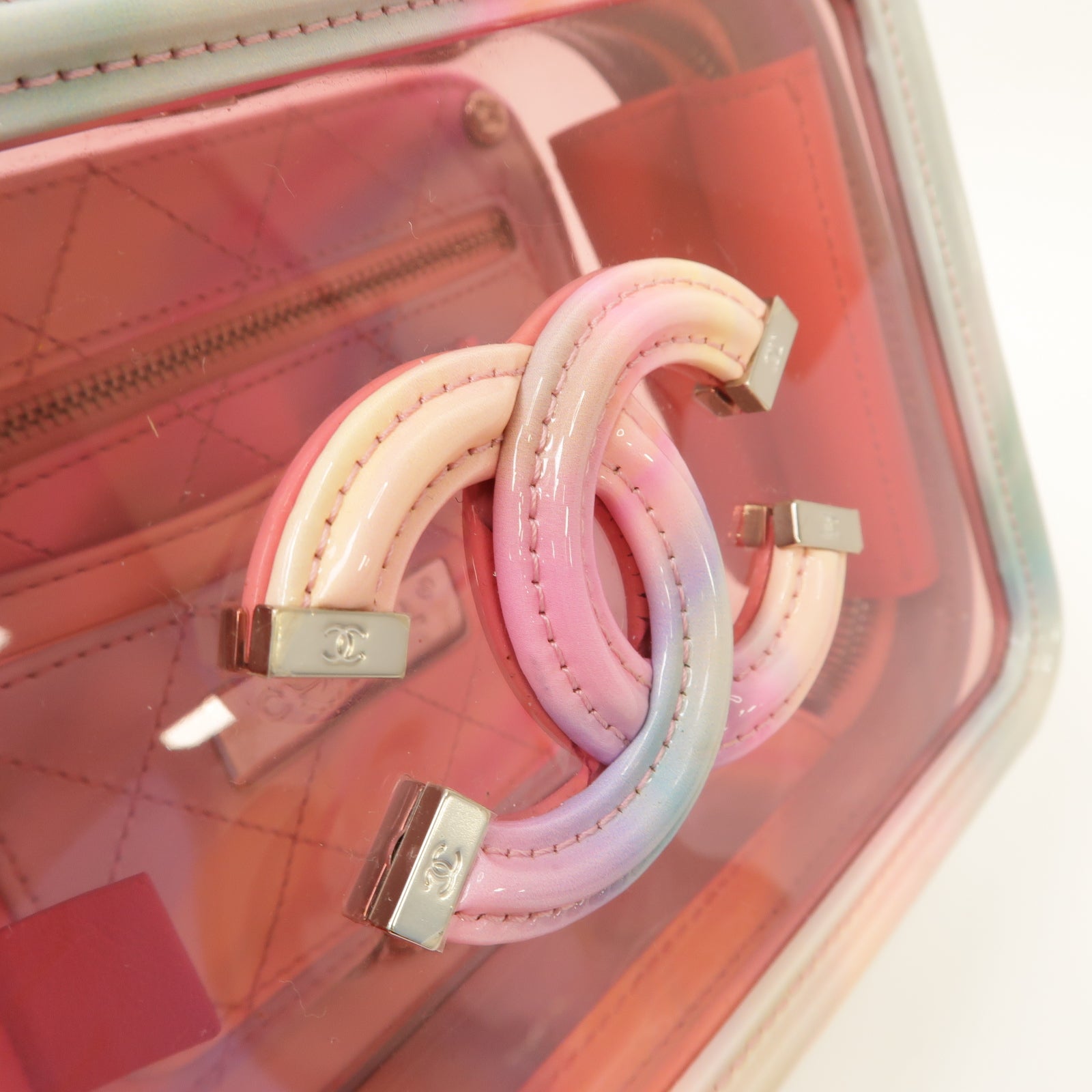 CHANEL PVC Vanity Case銀扣手挽肩背兩用袋粉紅色/綠色