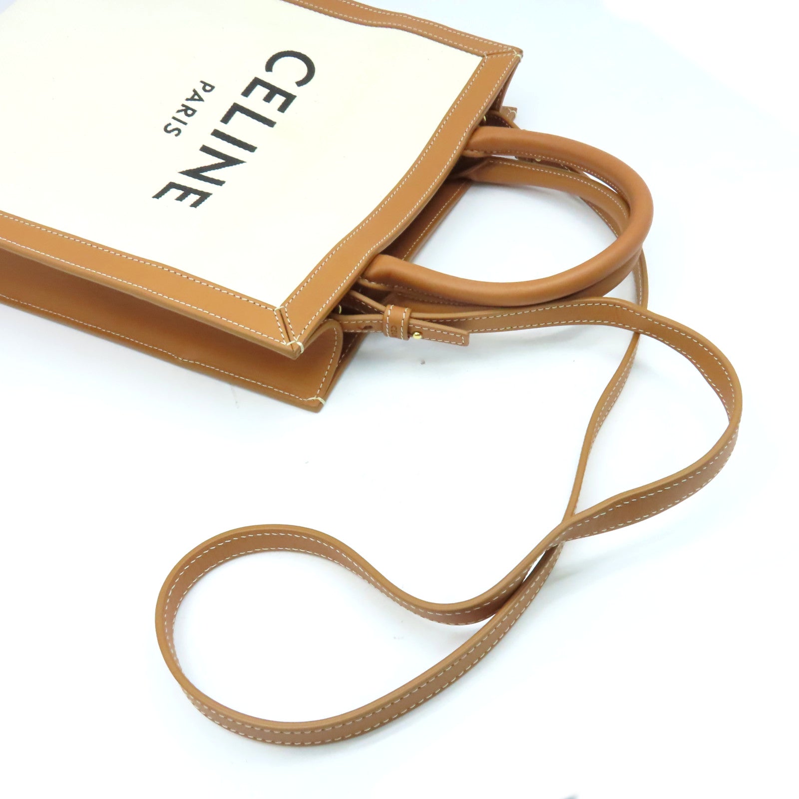 CELINE 【激減優惠】牛皮皮革/帆布2Way Shoulder Bag手挽肩背兩用袋米白色/啡色