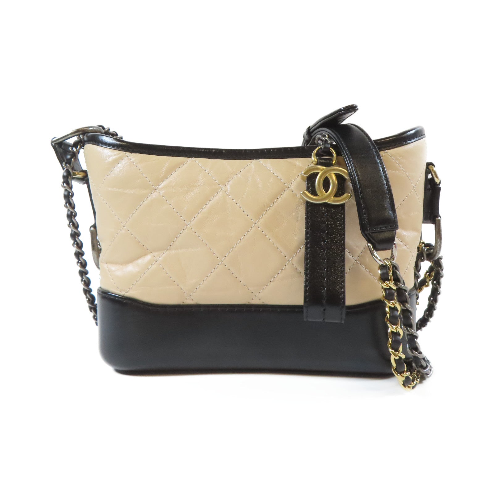 CHANEL 菱格牛皮皮革Gabreille Chain Shoulder Bag金扣/銀扣鏈帶肩背袋米色