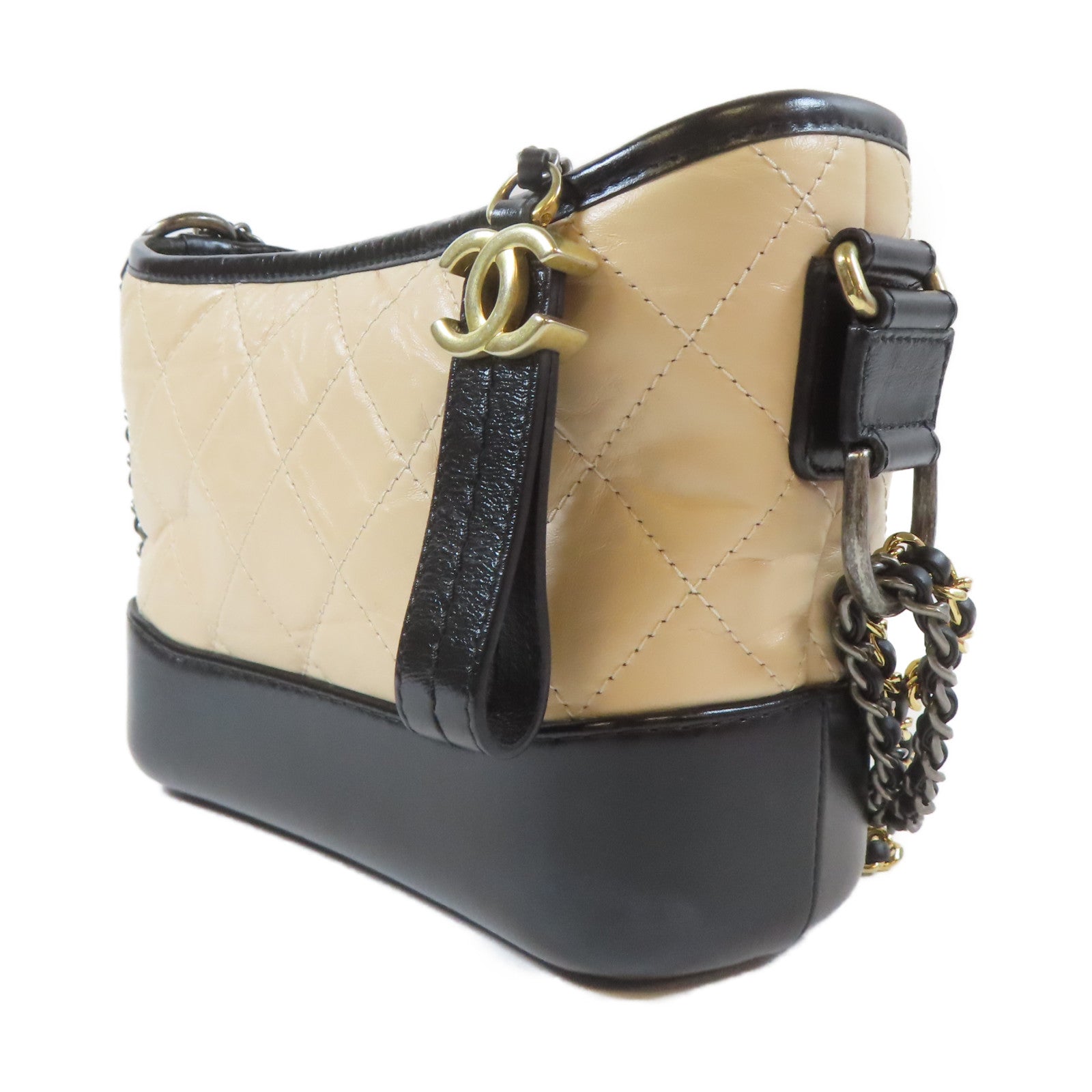 CHANEL 菱格牛皮皮革Gabreille Chain Shoulder Bag金扣/銀扣鏈帶肩背袋米色