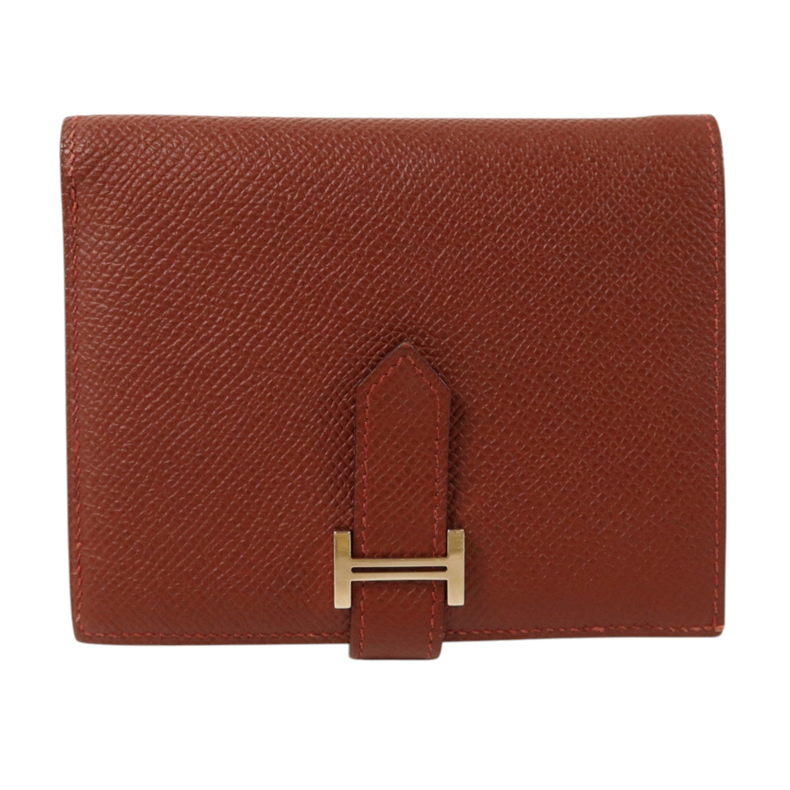 HERMES Epsom皮革Bearn Compact Wallet銀扣錢包Rouge/Rouge Mayen