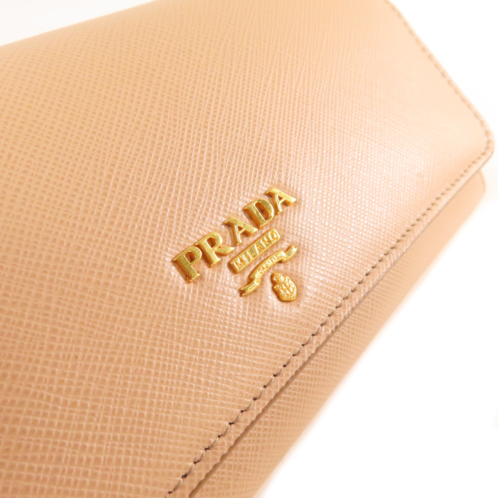 PRADA Saffiano皮革Long Wallet金扣長錢包杏色