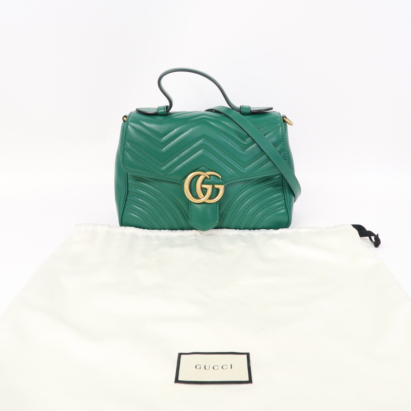 GUCCI 牛皮皮革GG Marmont Small Top Handle金扣手挽肩背兩用袋綠色