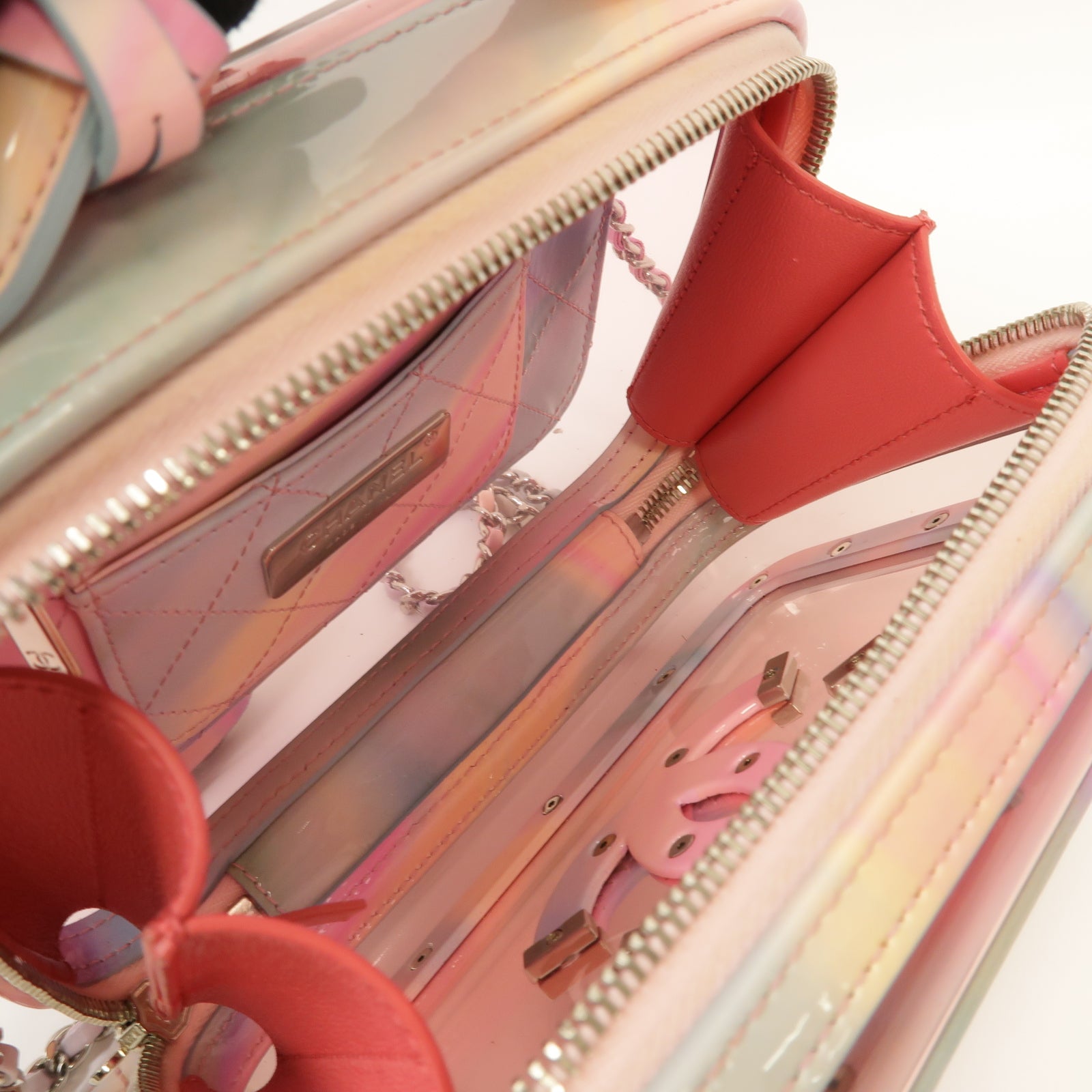 CHANEL PVC Vanity Case銀扣手挽肩背兩用袋粉紅色/綠色
