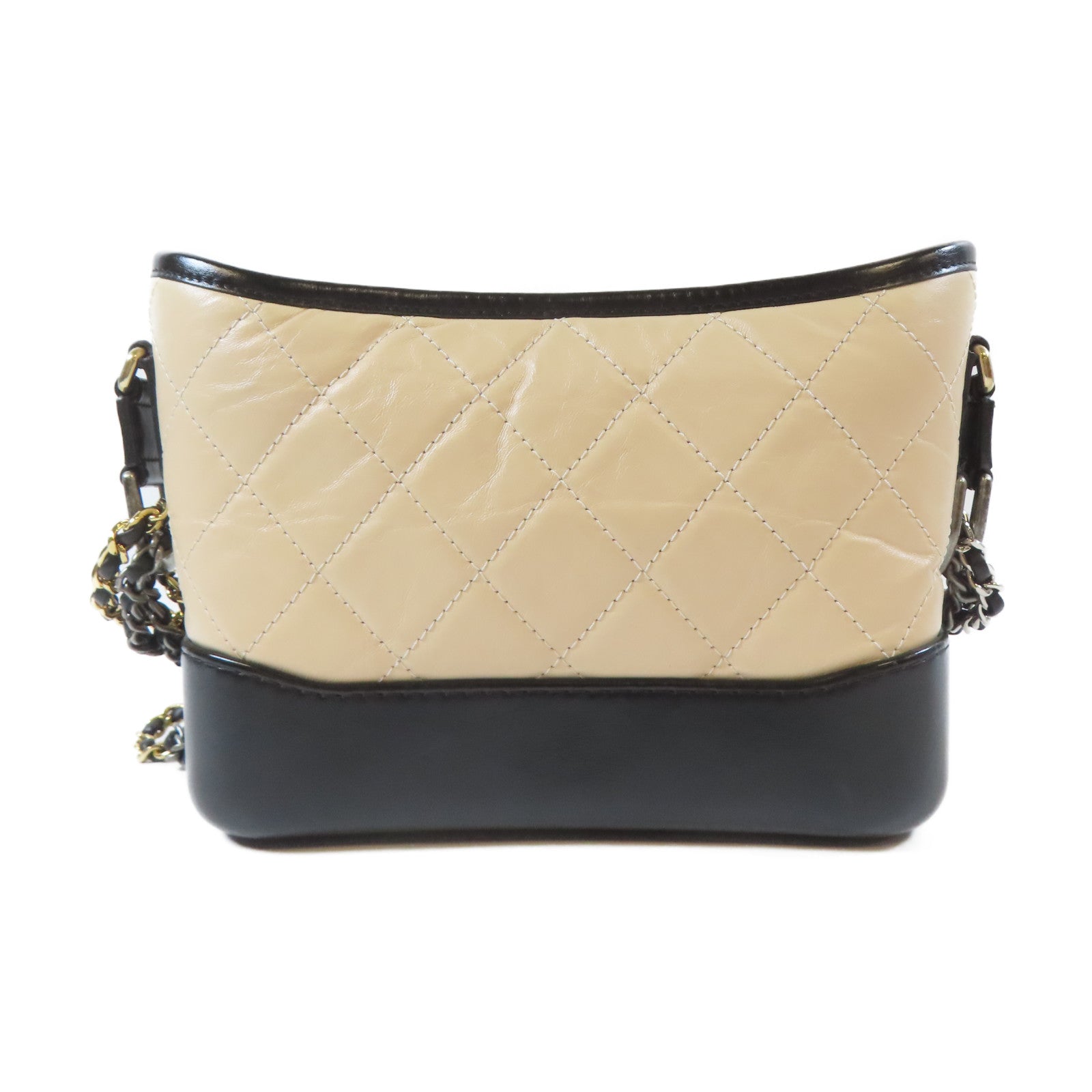 CHANEL 菱格牛皮皮革Gabreille Chain Shoulder Bag金扣/銀扣鏈帶肩背袋米色