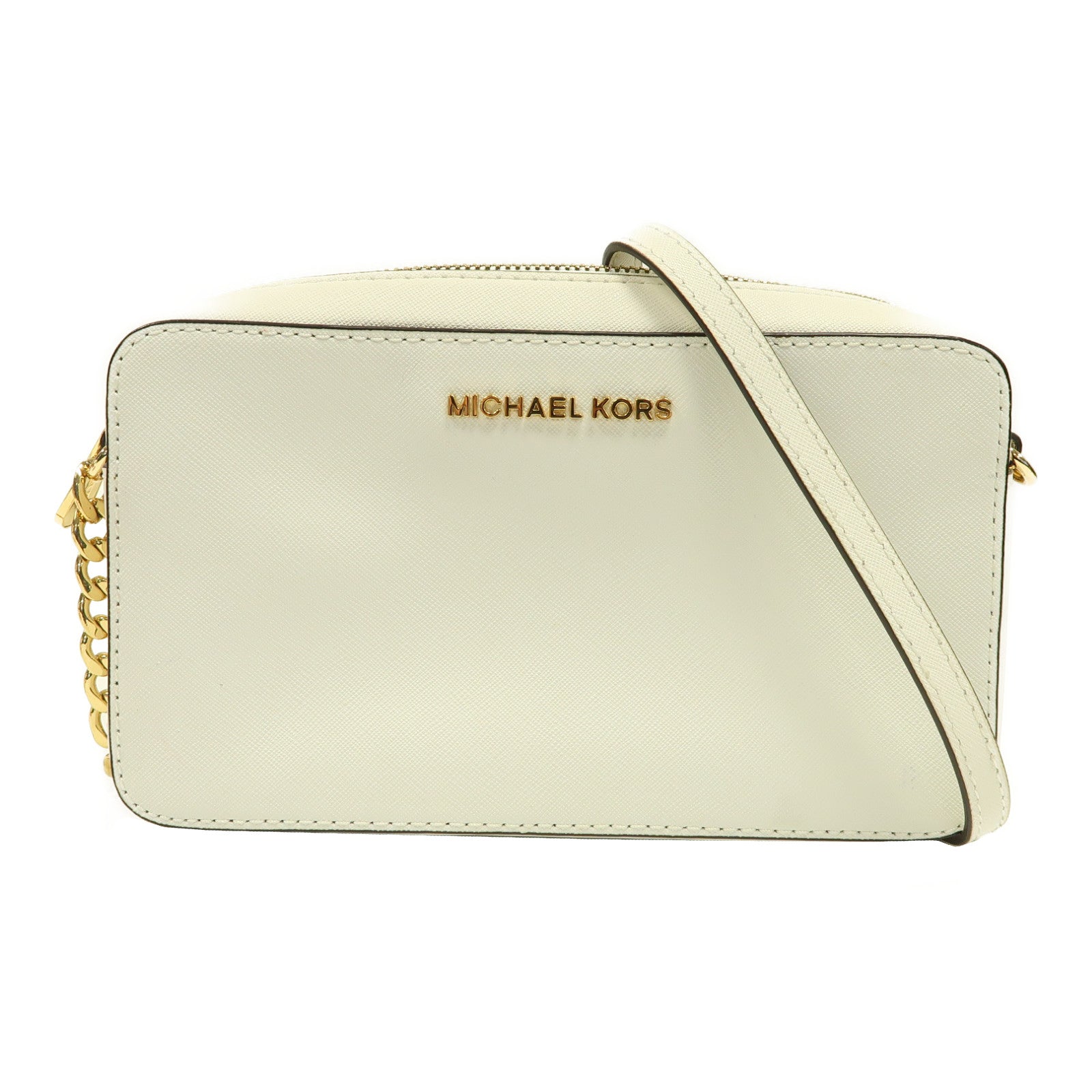 Michael Kors 皮革Jet Set Travel Medium金扣鏈帶肩背袋白色