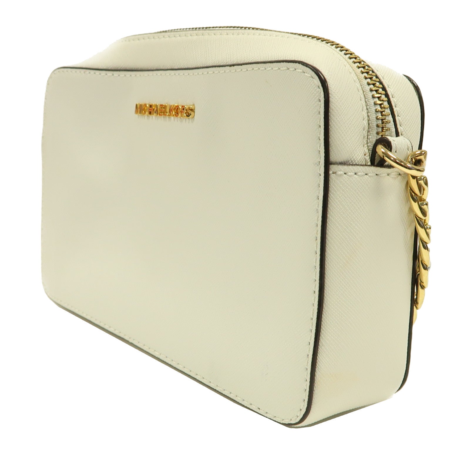 Michael Kors 皮革Jet Set Travel Medium金扣鏈帶肩背袋白色
