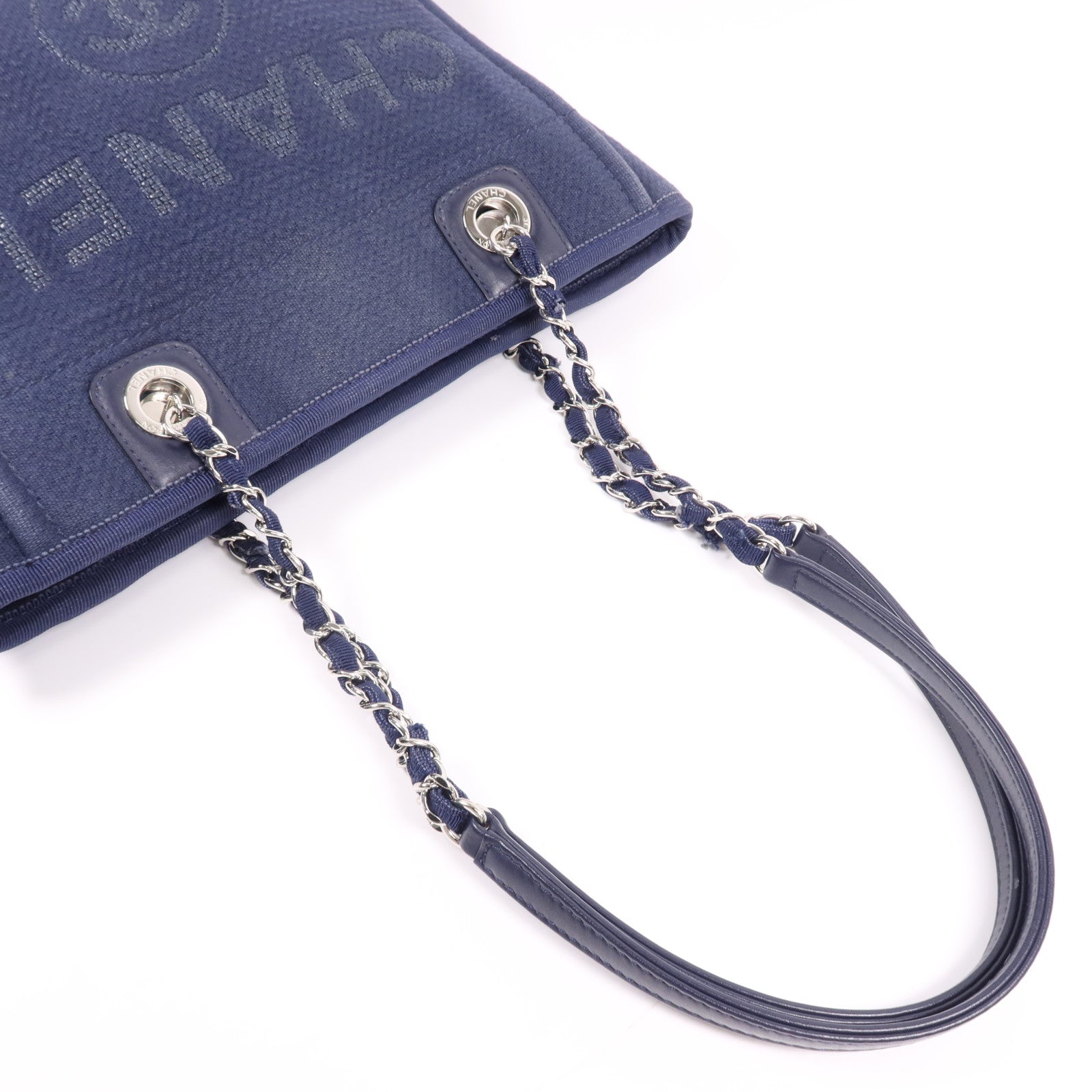 CHANEL 帆布Deauville銀扣鏈帶肩背袋