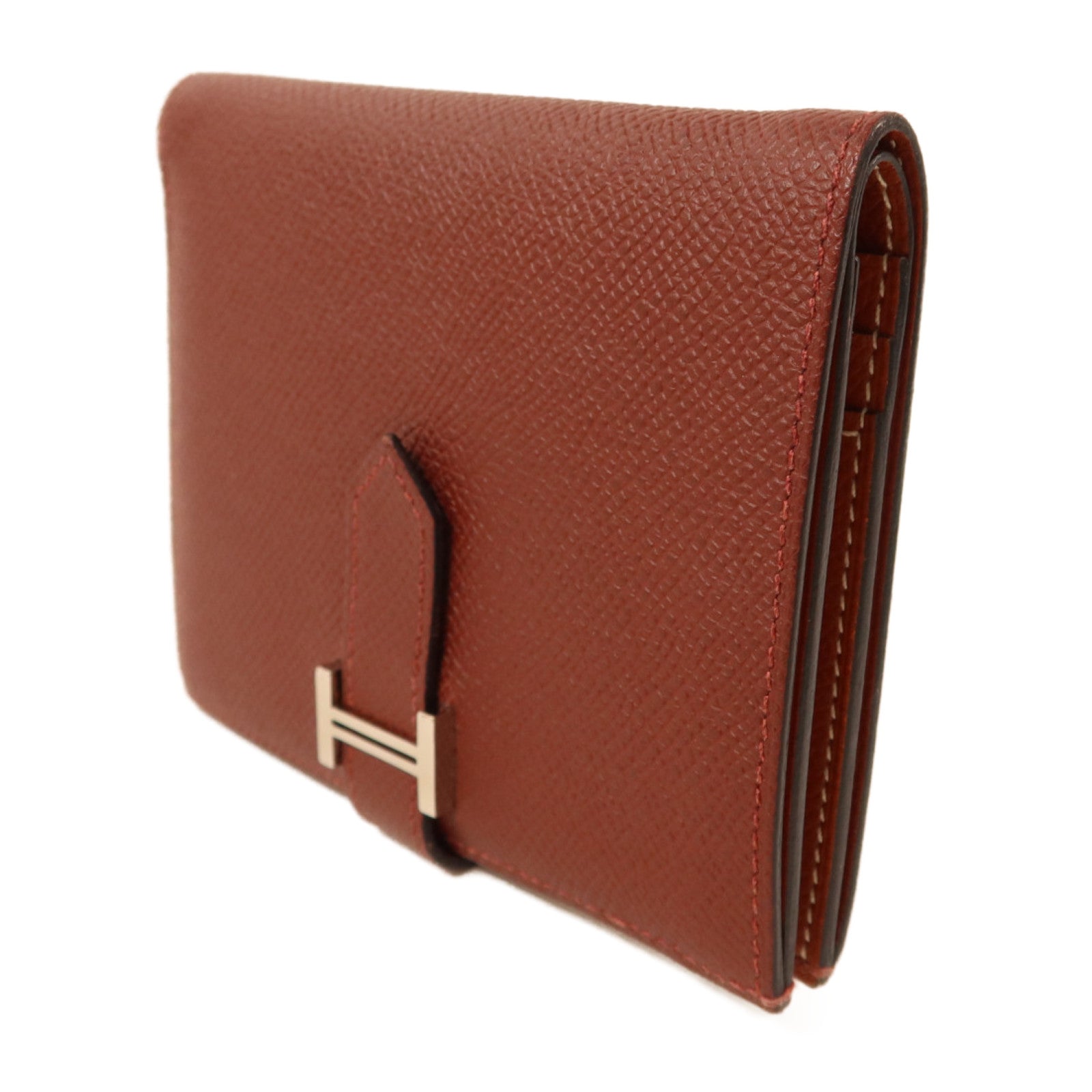 HERMES Epsom皮革Bearn Compact Wallet銀扣錢包Rouge/Rouge Mayen