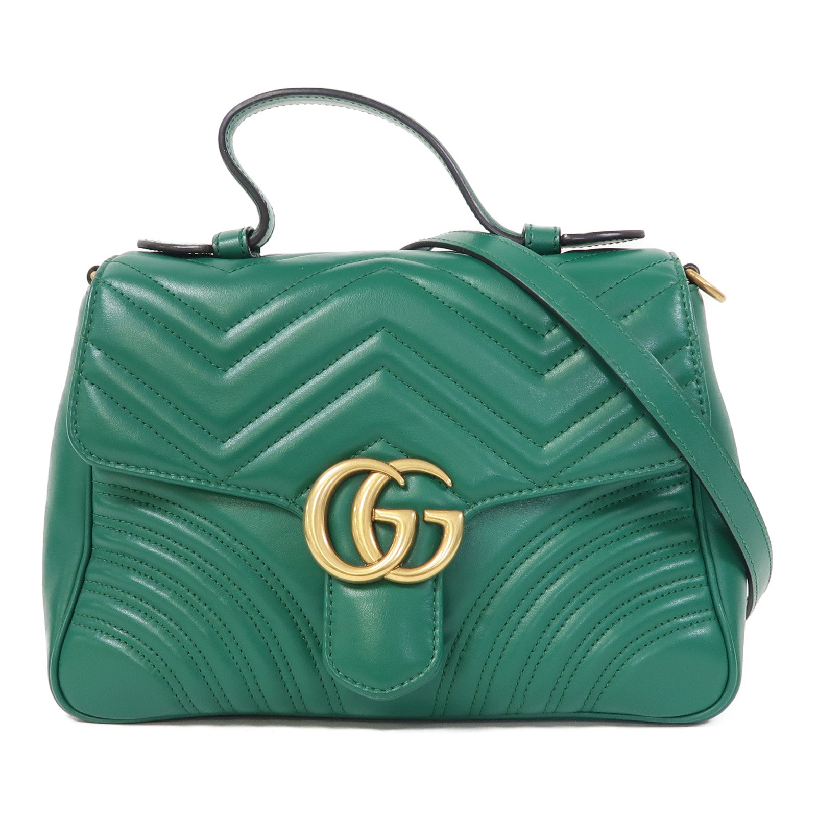 GUCCI 牛皮皮革GG Marmont Small Top Handle金扣手挽肩背兩用袋綠色