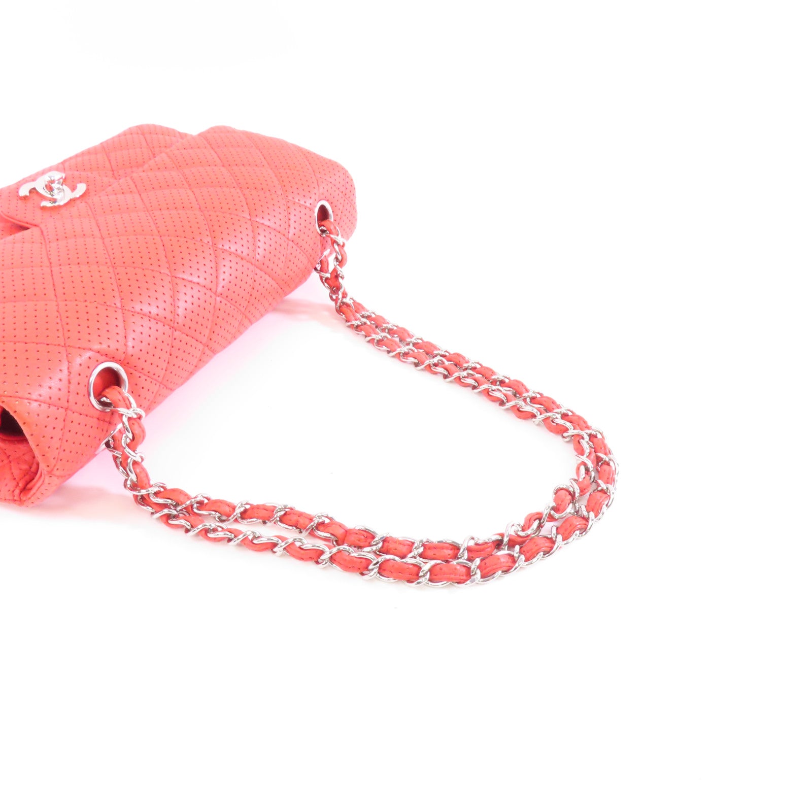 CHANEL 【激減優惠】菱格牛皮皮革Chain Shoulder銀扣鏈帶肩背袋紅色