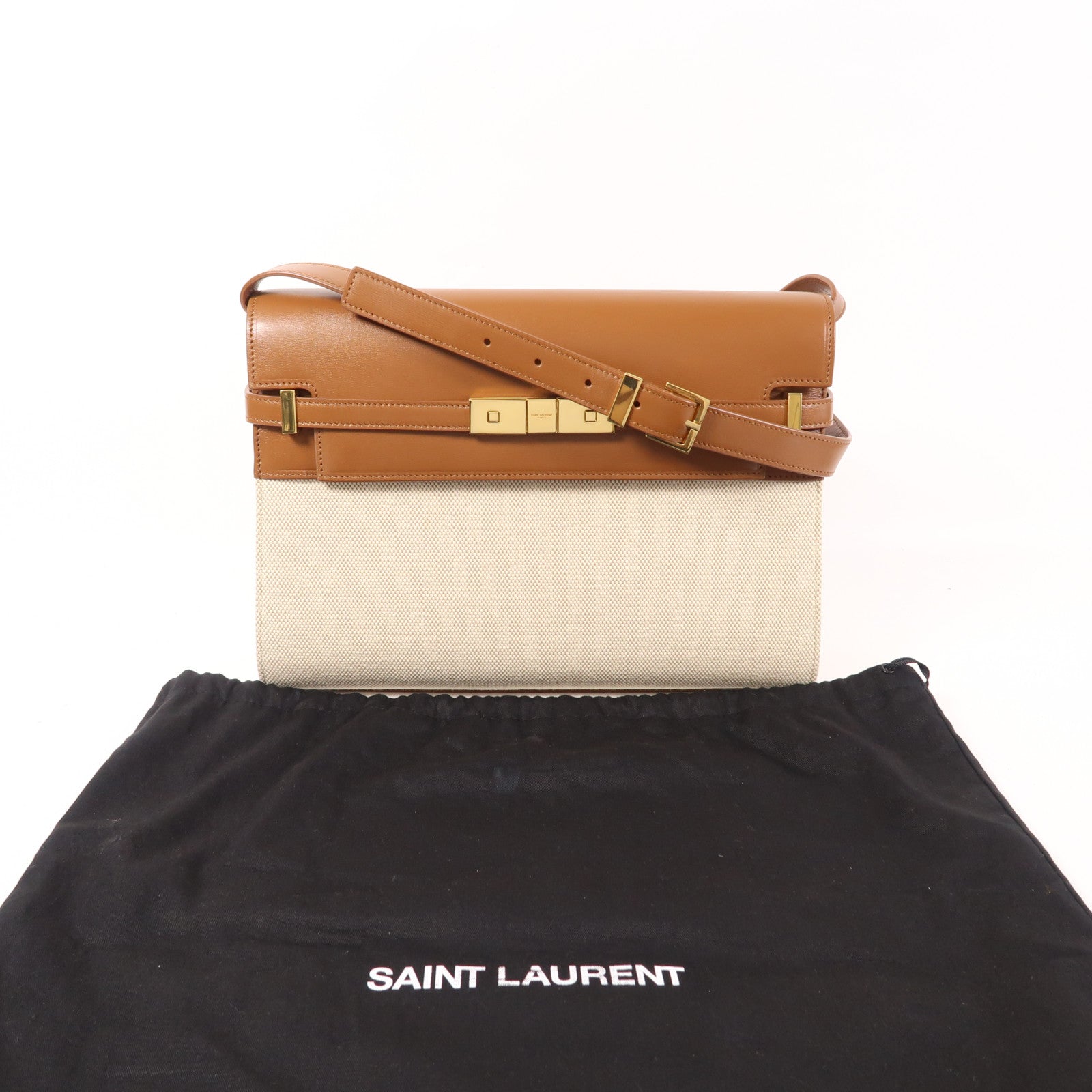 SAINT LAURENT 帆布/牛皮皮革Manhattan金扣肩背袋