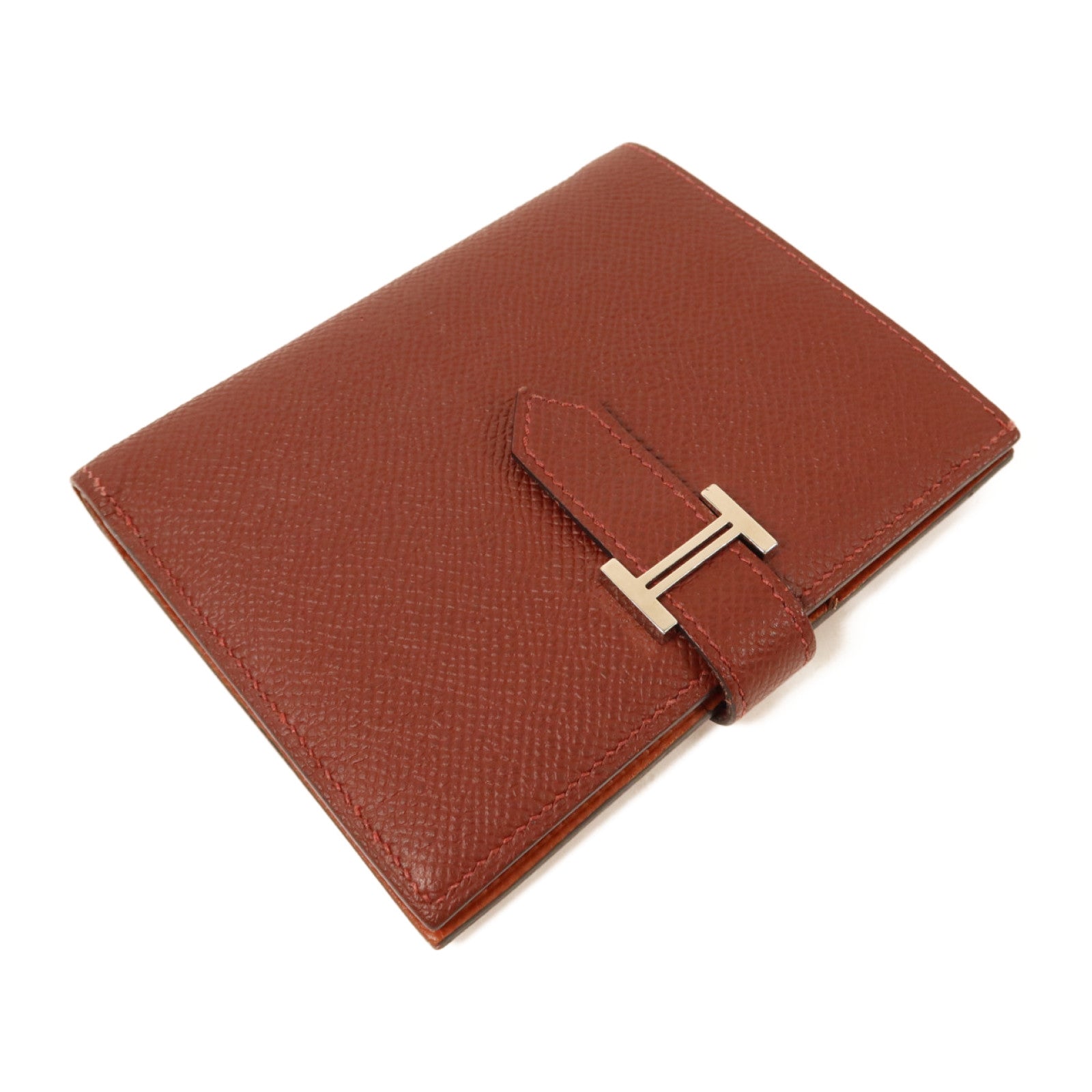 HERMES Epsom皮革Bearn Compact Wallet銀扣錢包Rouge/Rouge Mayen