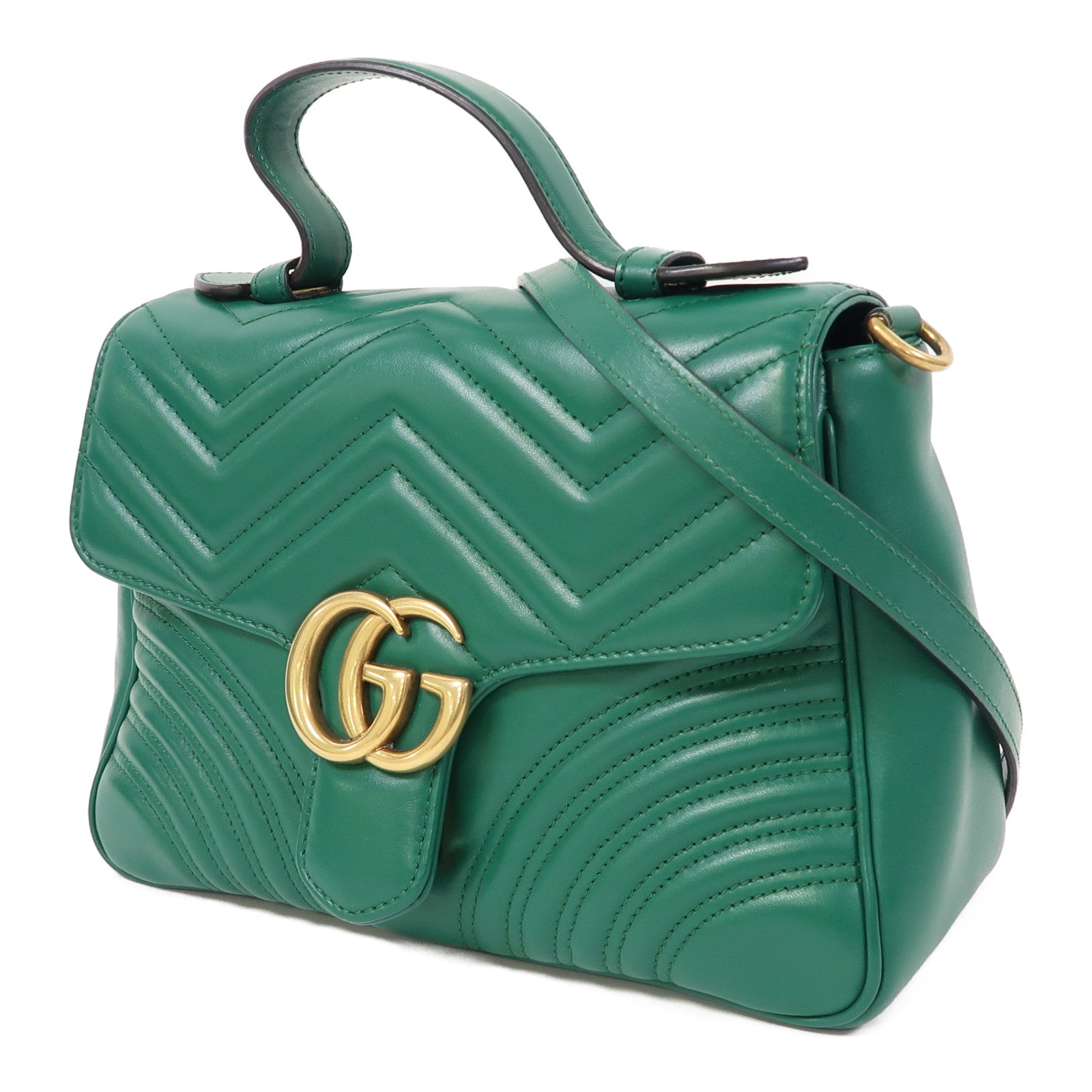 GUCCI 牛皮皮革GG Marmont Small Top Handle金扣手挽肩背兩用袋綠色