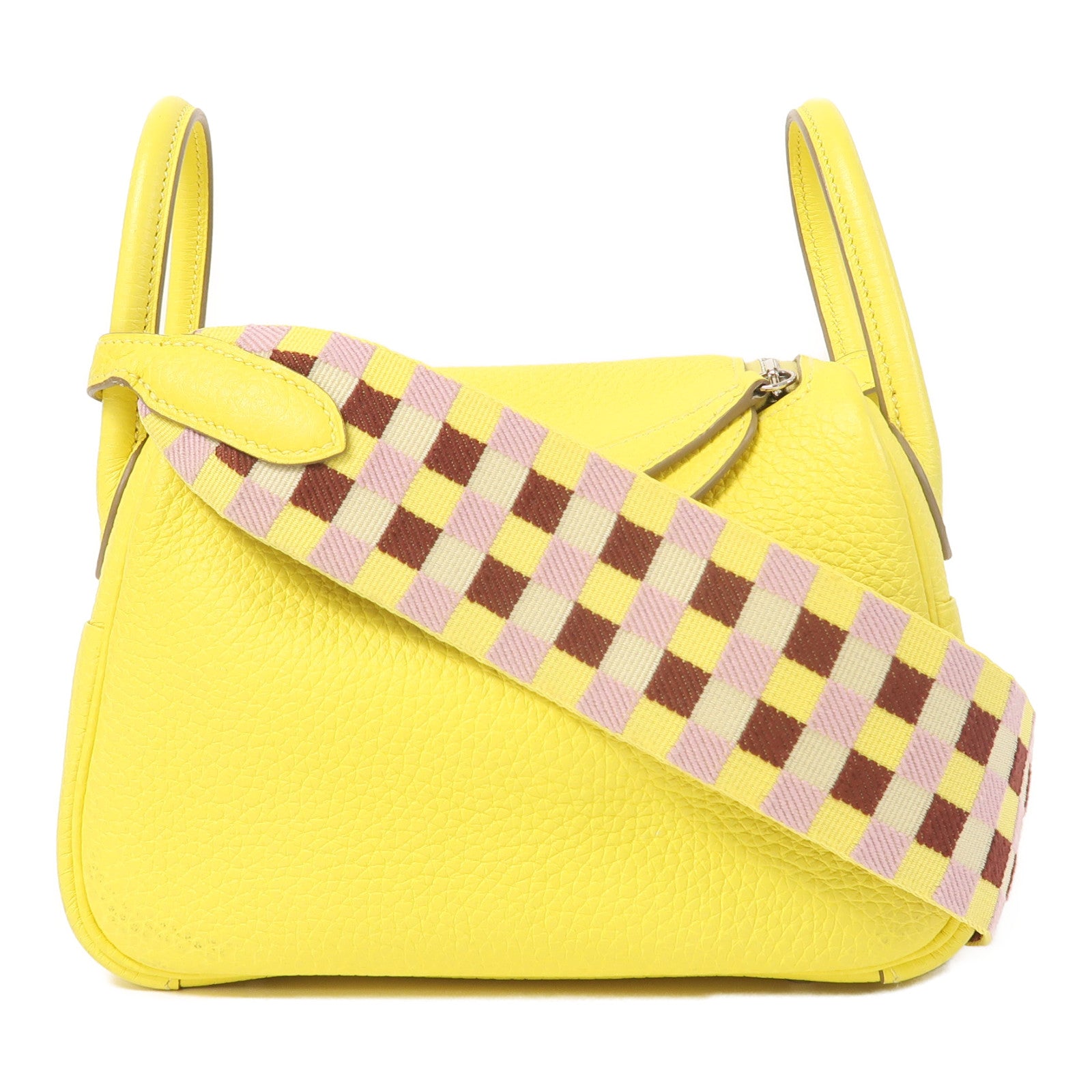 HERMES Clemence皮革Mini Lindy銀扣肩背袋黃色