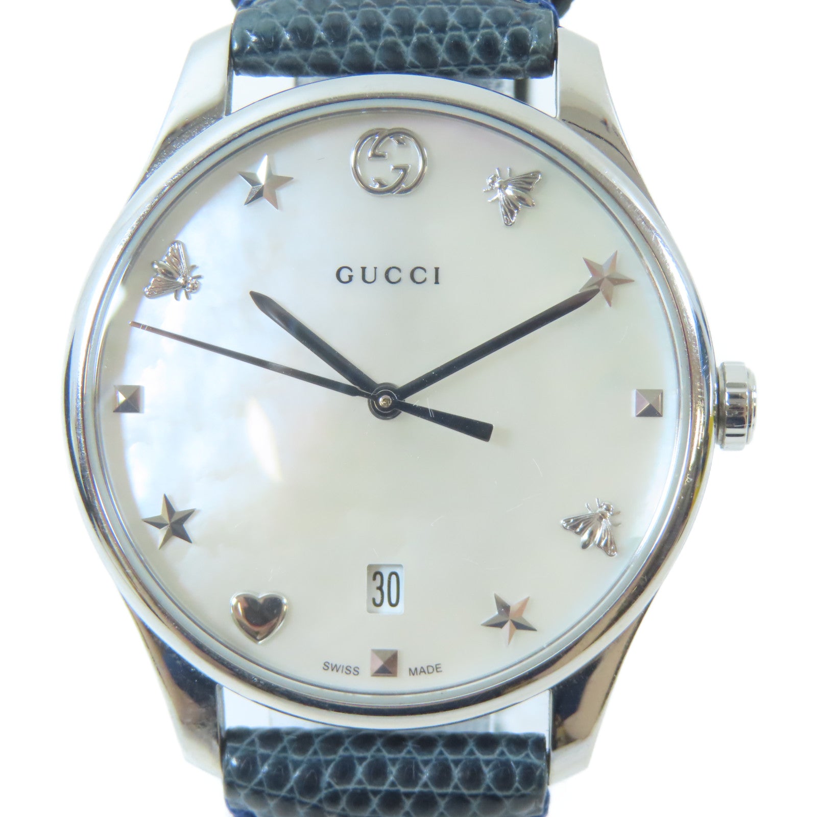 GUCCI 不鏽鋼/蜥蝪皮革G Timeless Watch手錶石英機芯白色#18cm