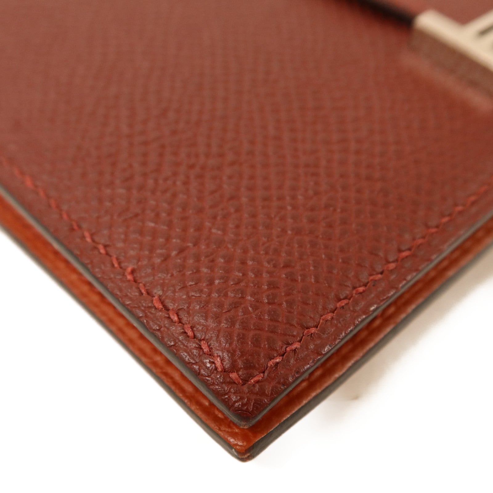 HERMES Epsom皮革Bearn Compact Wallet銀扣錢包Rouge/Rouge Mayen