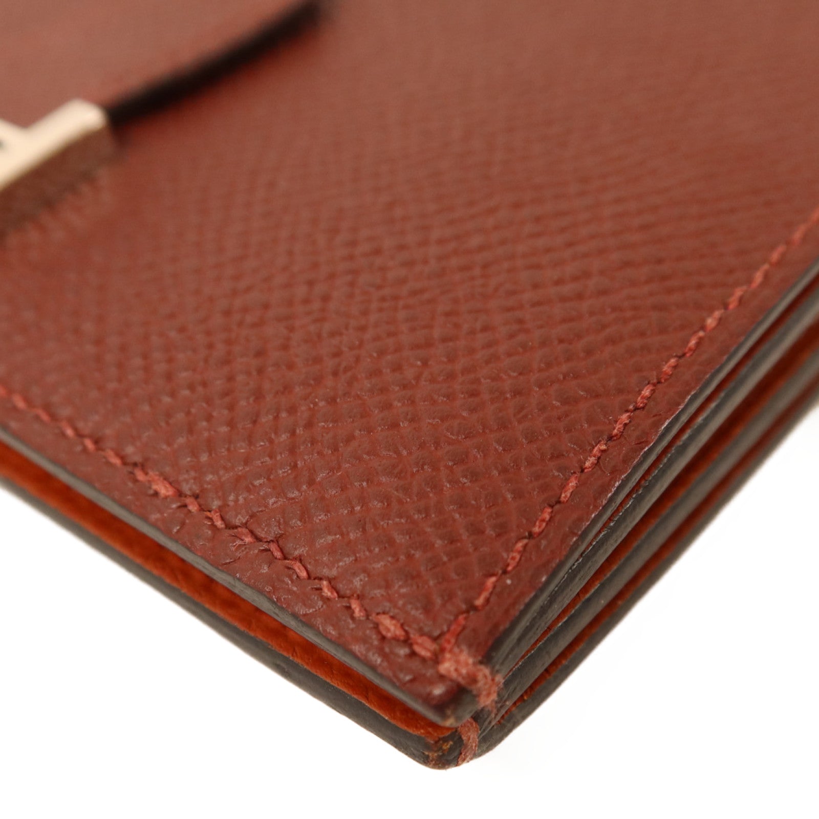 HERMES Epsom皮革Bearn Compact Wallet銀扣錢包Rouge/Rouge Mayen