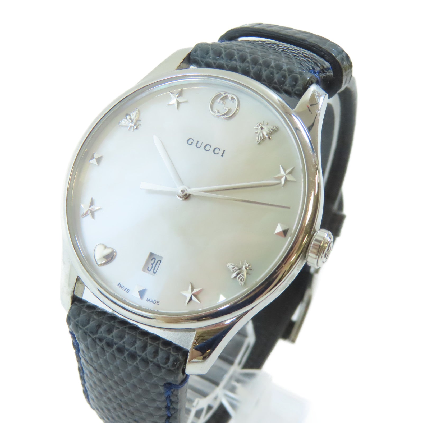 GUCCI 不鏽鋼/蜥蝪皮革G Timeless Watch手錶石英機芯白色#18cm