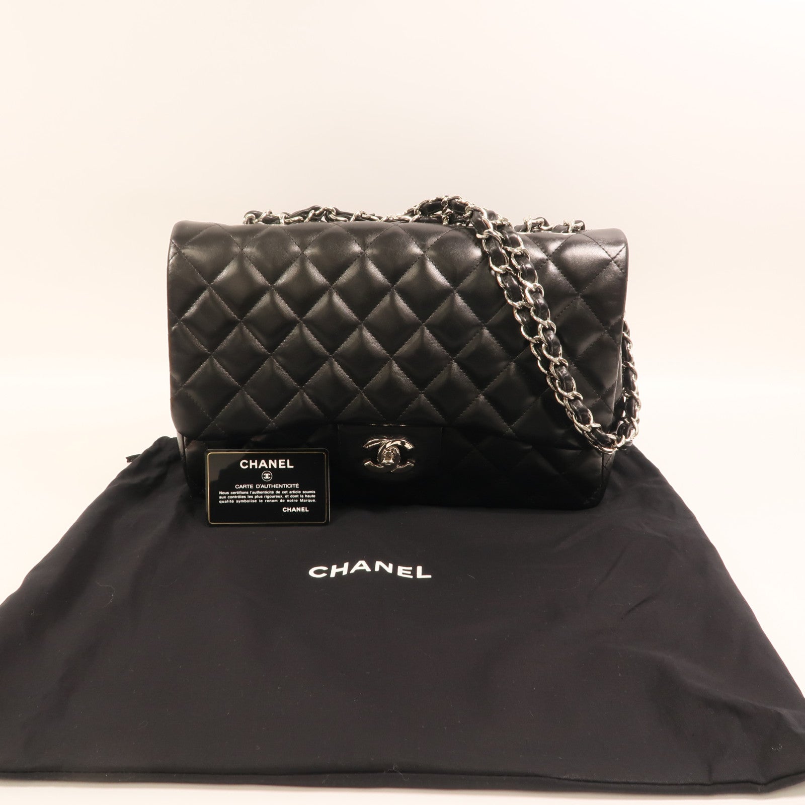 CHANEL 羊皮皮革Large Classic銀扣鏈帶肩背袋