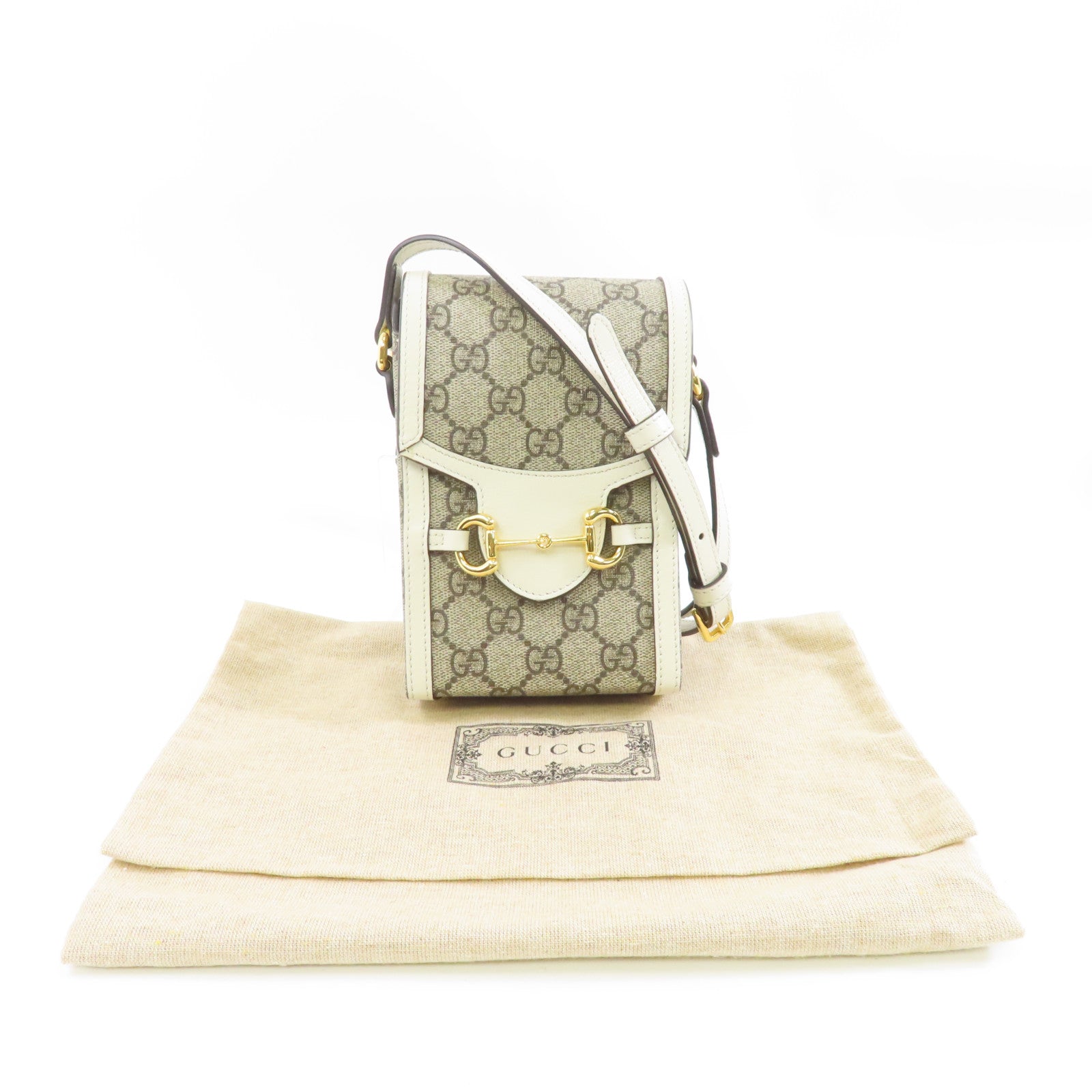 GUCCI 【激減優惠】塗層帆布GG Supreme Horsebit Mini金扣肩背袋啡色/白色
